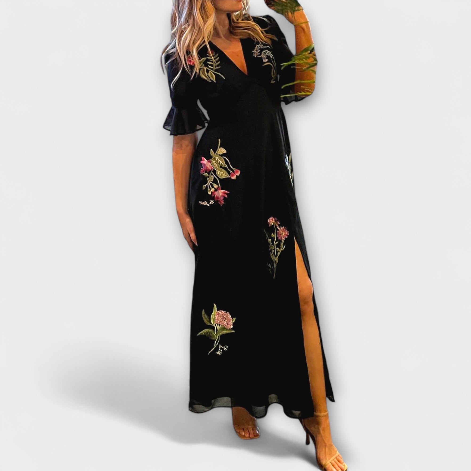 Women’s Maxi Dress, Navy Blue, Short Sleeve, V-Neck, A-Line, Floral Embroidery, Elastane Viscose Blend