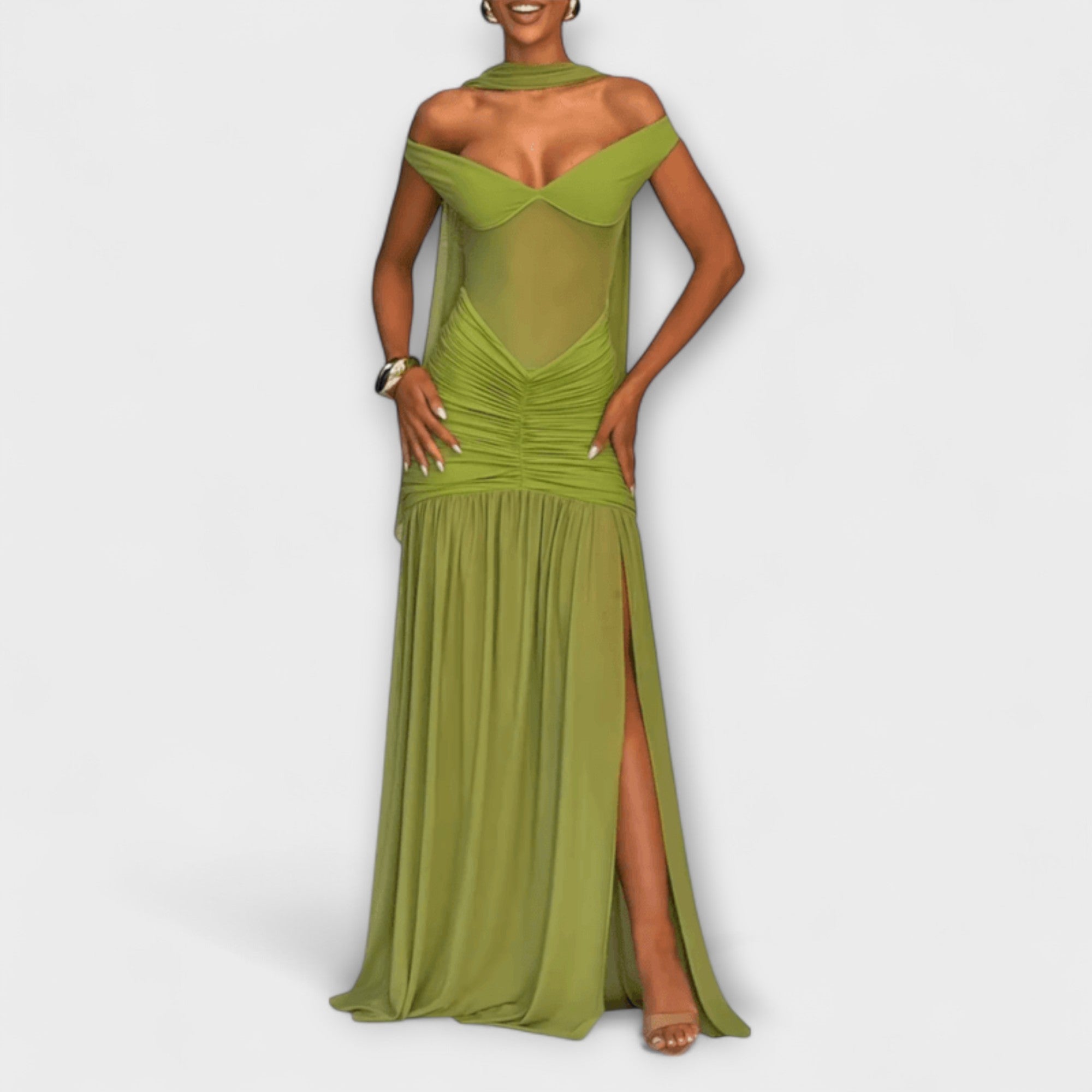 Women’s Maxi Dress, Olive Green, Sleeveless, Deep V-Neck, Cross-Back Straps, Ruching, High Slit, Slinky Fabric, Fitted