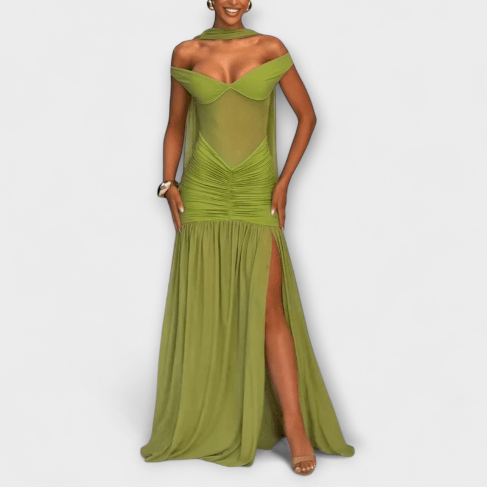 Women’s Maxi Dress, Olive Green, Sleeveless, Deep V-Neck, Cross-Back Straps, Ruching, High Slit, Slinky Fabric, Fitted