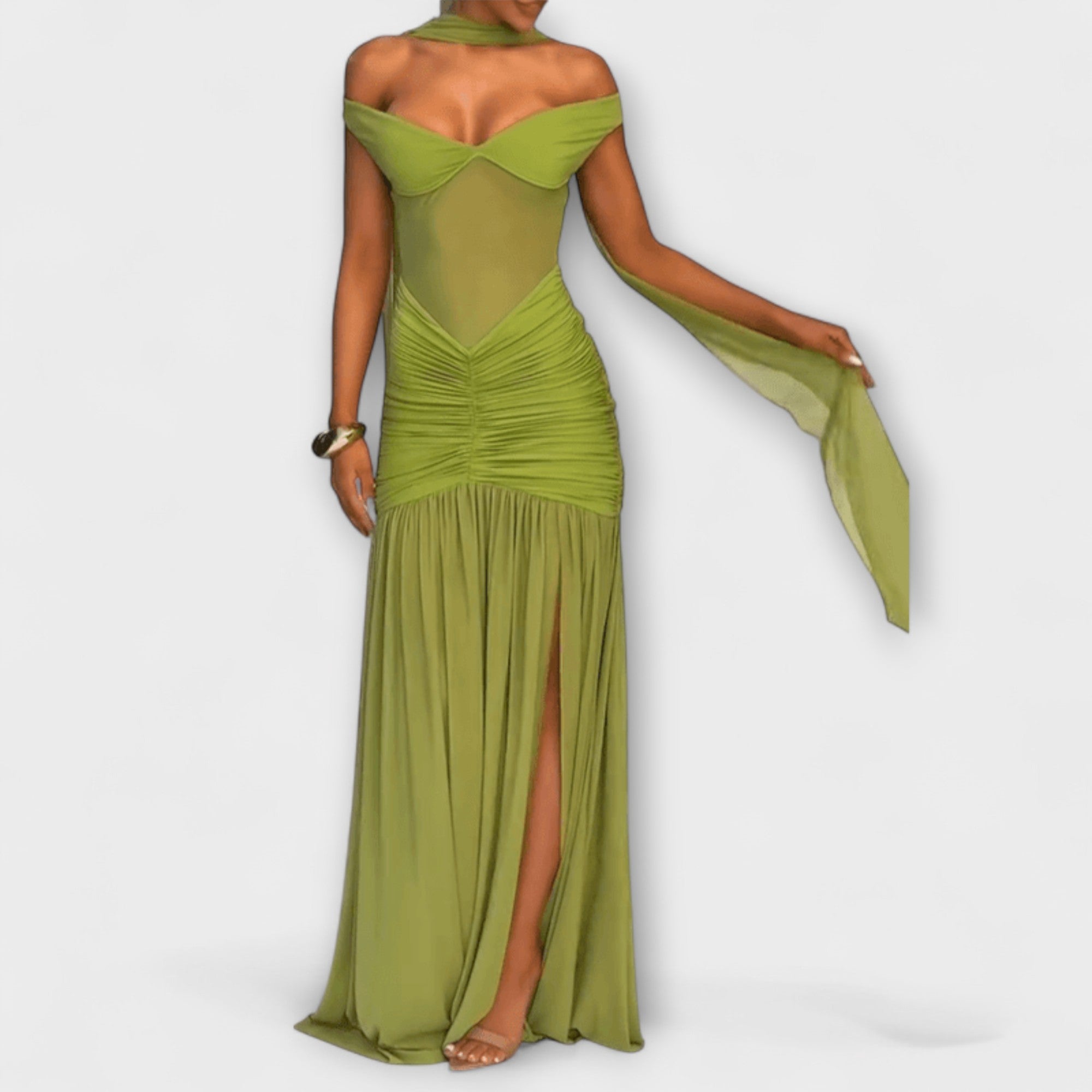 Women’s Maxi Dress, Olive Green, Sleeveless, Deep V-Neck, Cross-Back Straps, Ruching, High Slit, Slinky Fabric, Fitted