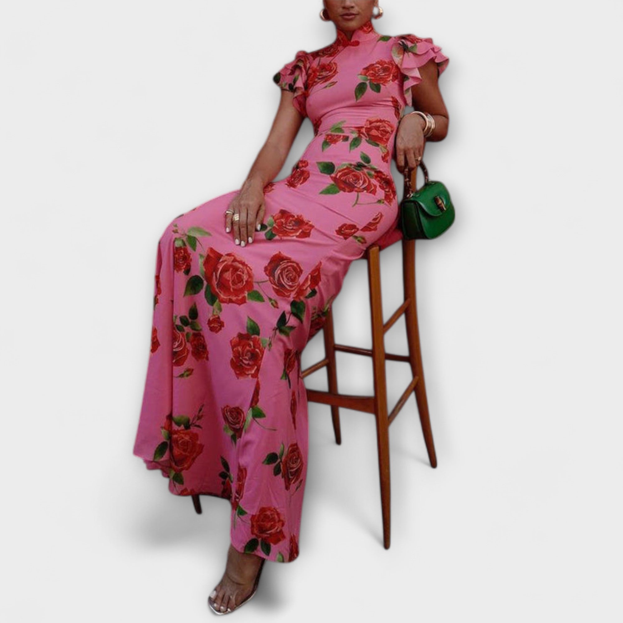 Women’s Maxi Dress, Rose Print, Soft Stretch Fabric, Layered Bell Sleeves, Mandarin Collar, Flared Fit
