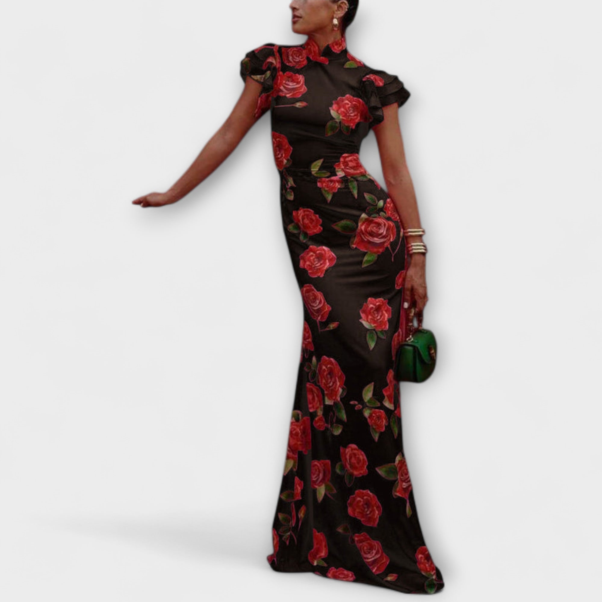 Women’s Maxi Dress, Rose Print, Soft Stretch Fabric, Layered Bell Sleeves, Mandarin Collar, Flared Fit