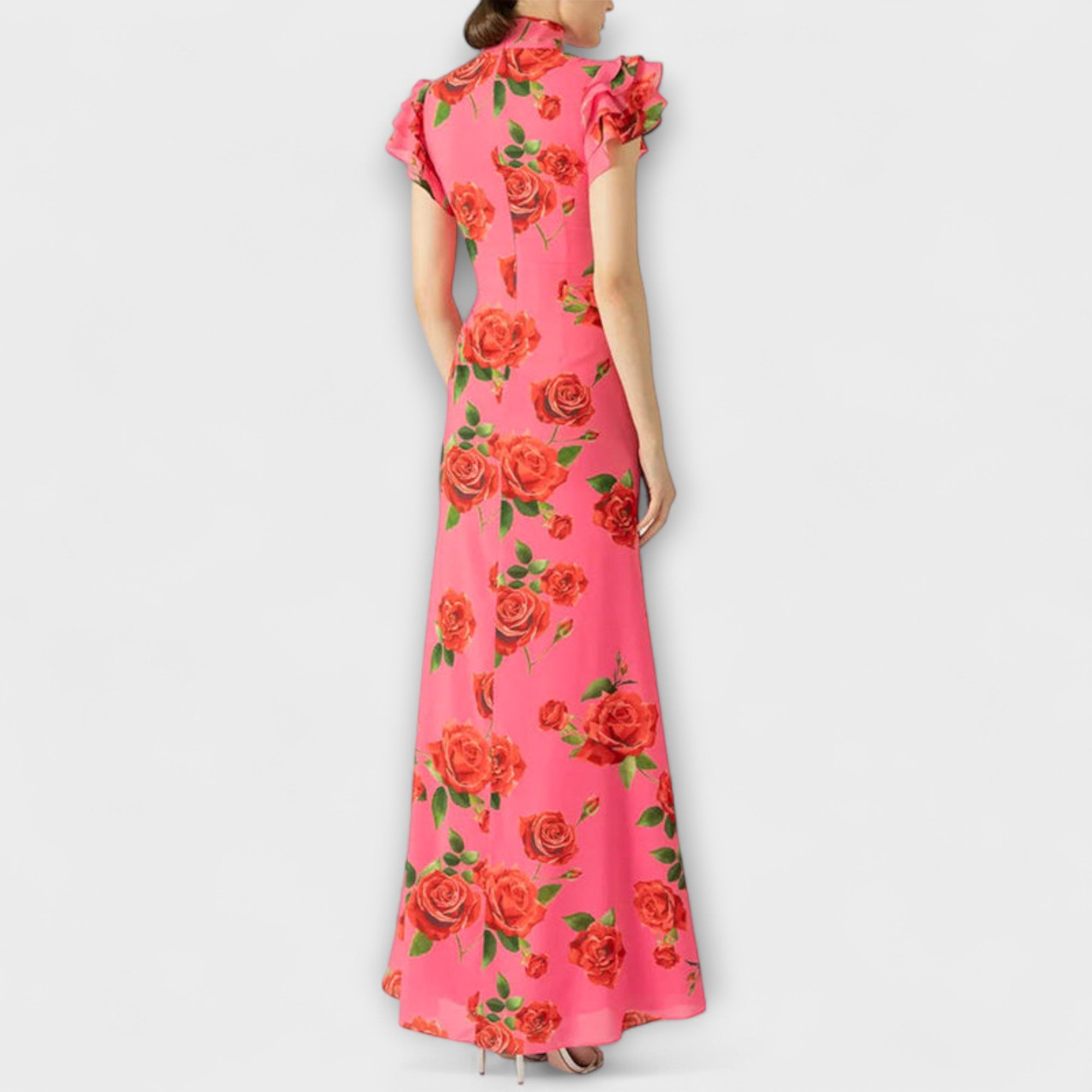 Women’s Maxi Dress, Rose Print, Soft Stretch Fabric, Layered Bell Sleeves, Mandarin Collar, Flared Fit