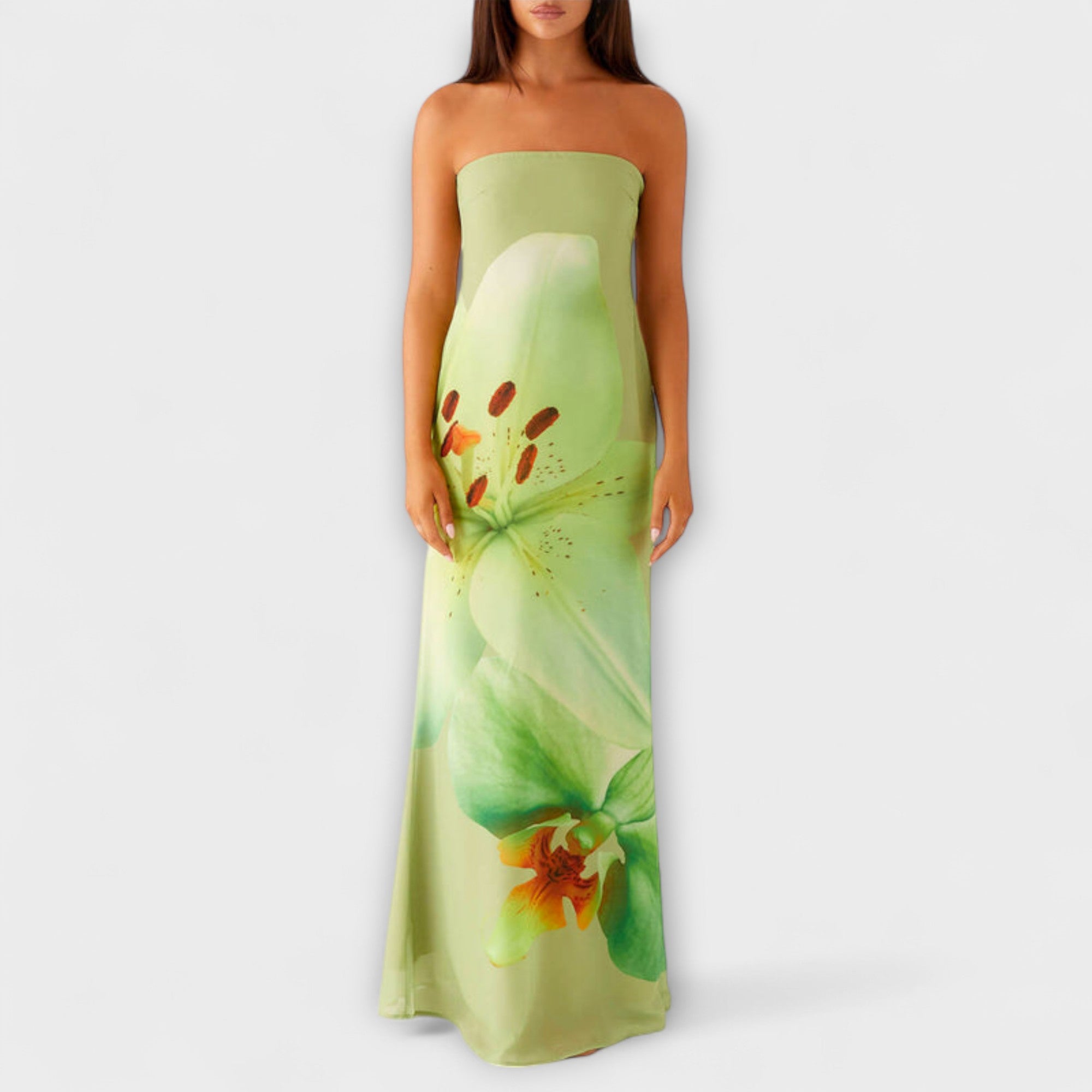 Women’s Maxi Dress, Satin Material, Floral Print, Off-Shoulder Neckline, Flowing Fit, Off-Shoulder Sleeve