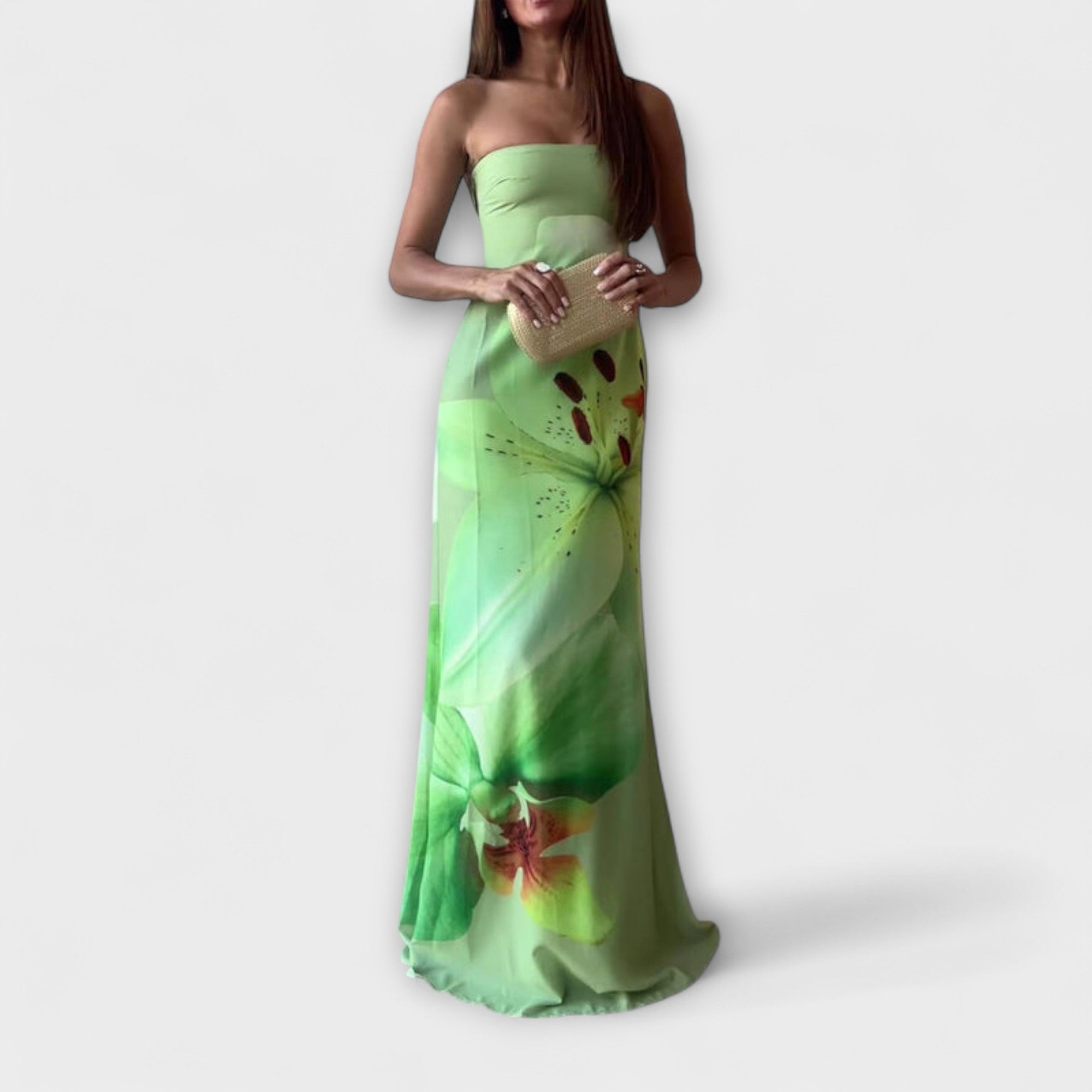 Women’s Maxi Dress, Satin Material, Floral Print, Off-Shoulder Neckline, Flowing Fit, Off-Shoulder Sleeve