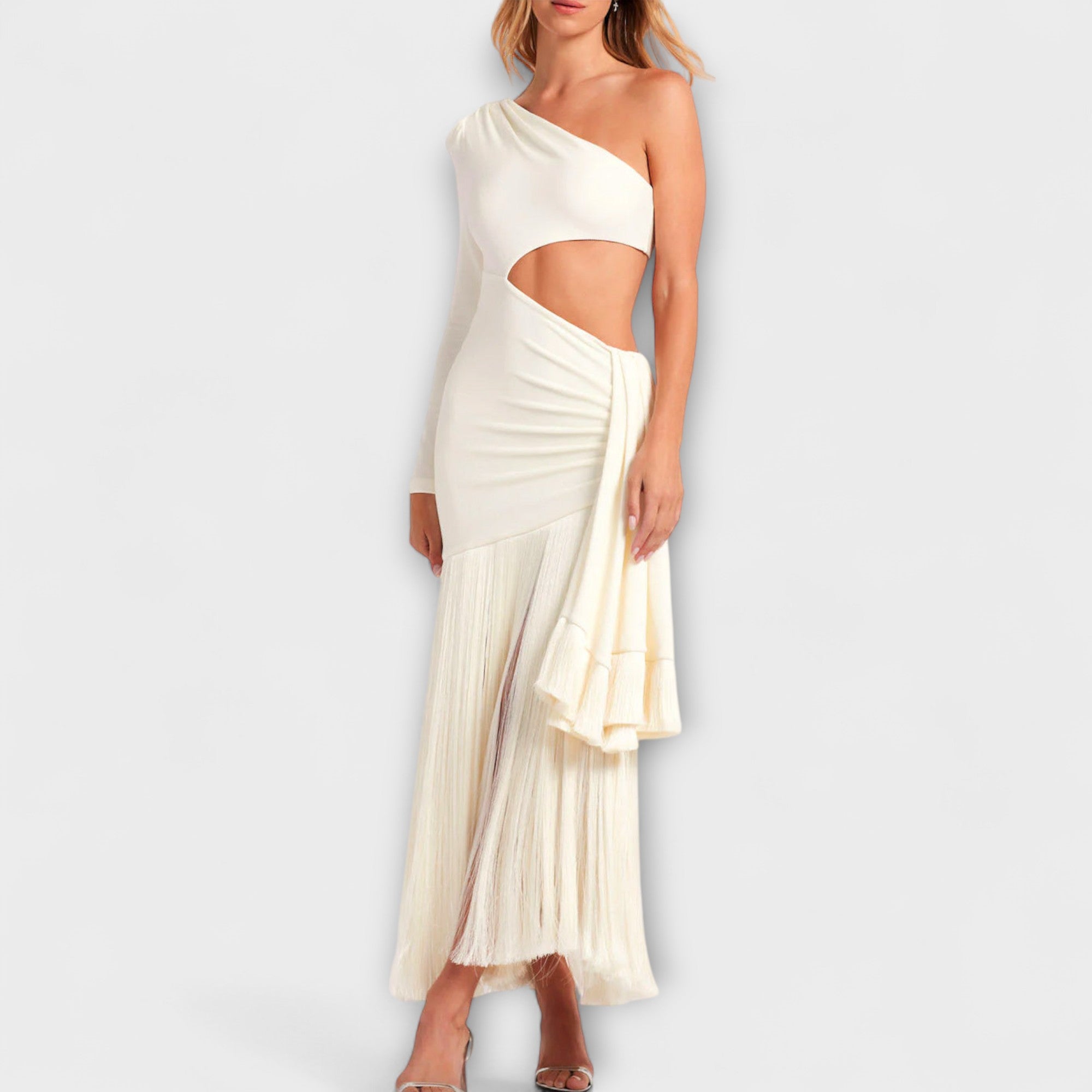 Women’s Maxi Dress, Sleeveless, Cutout Neckline, Fringe Accents, Lightweight Fabric, Elegant Fit