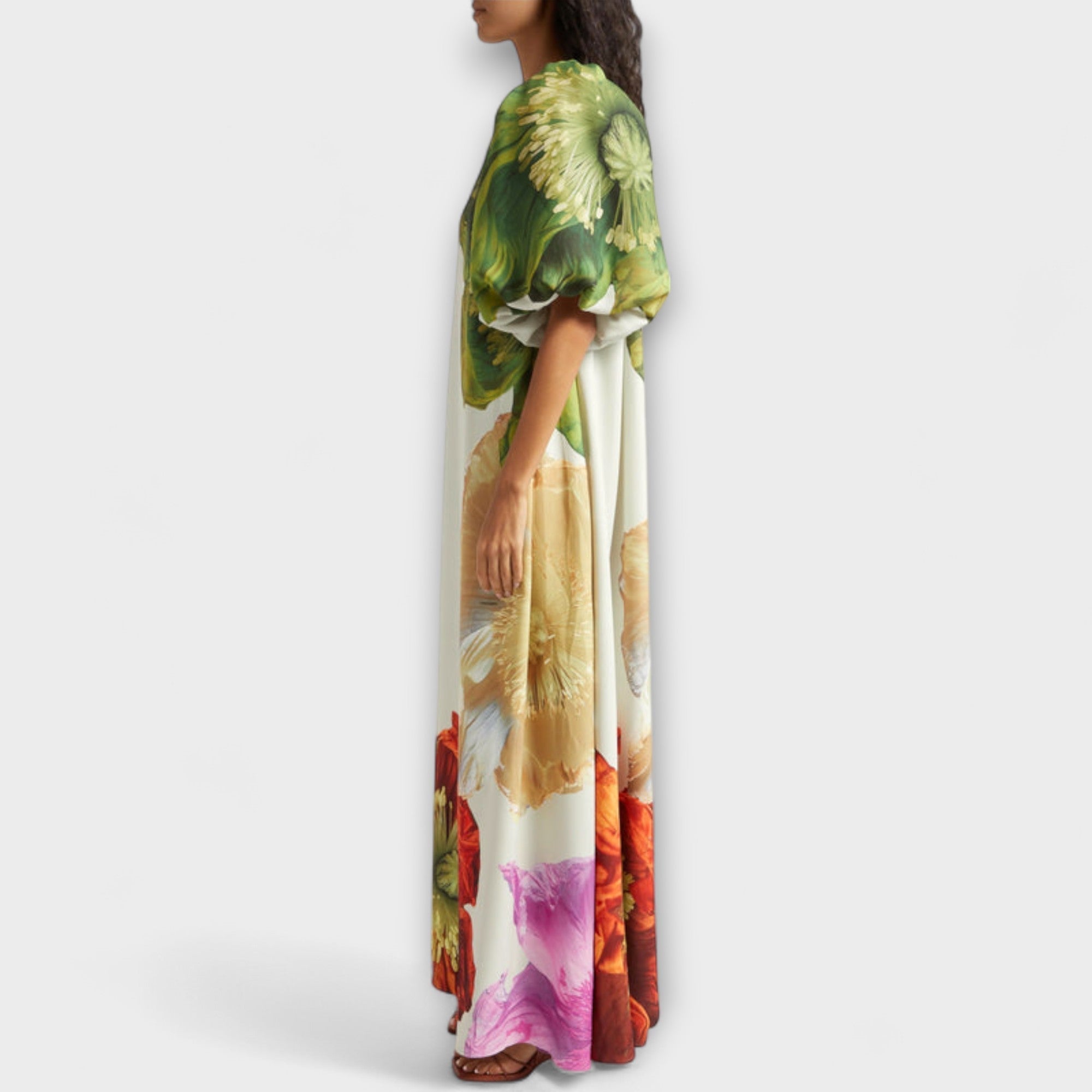 Women’s Maxi Dress, Sleeveless, Floral Print, Asymmetric Neckline, Structured Fit, Crepe Fabric