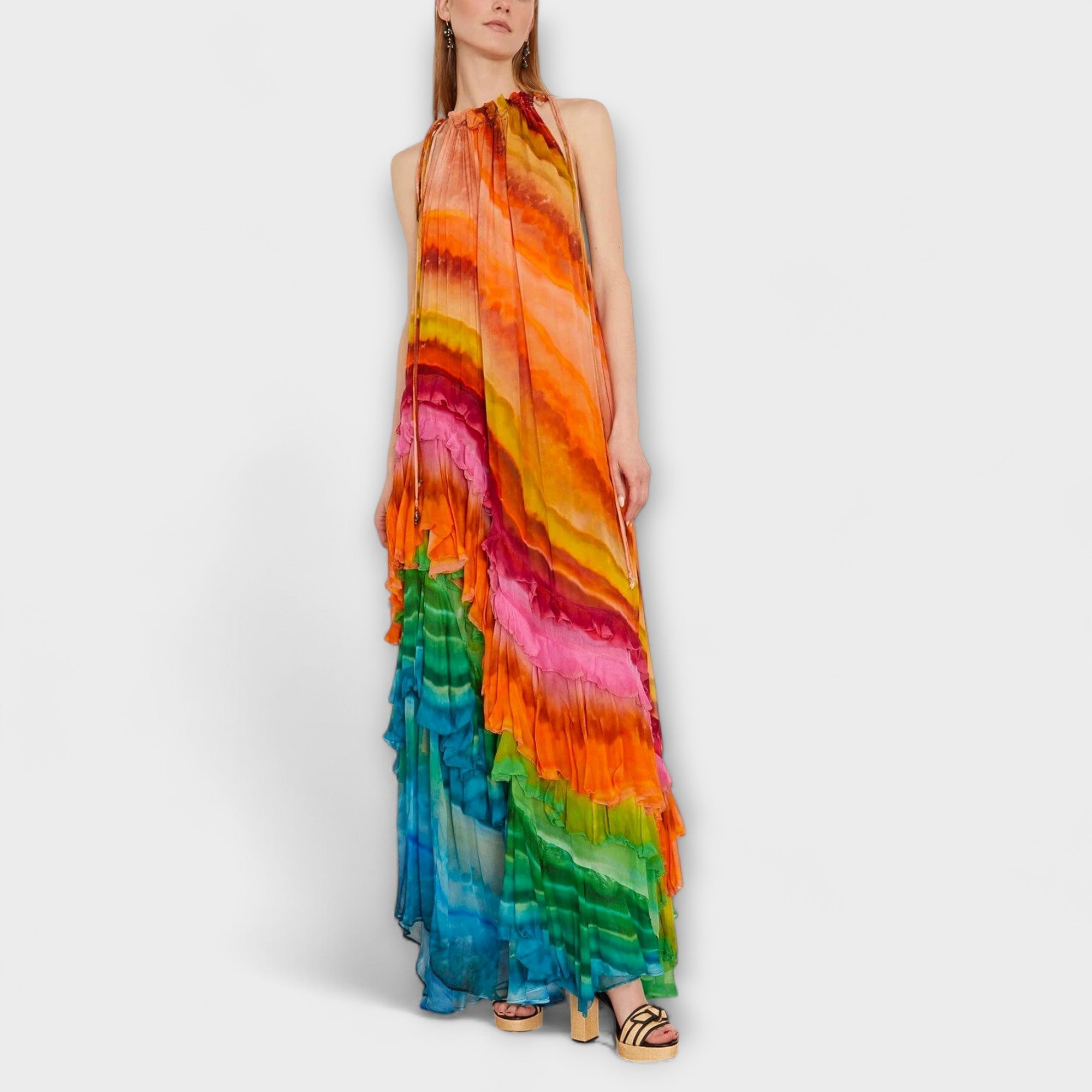 Women’s Maxi Dress, Sleeveless Halter Neck, Tiered Fit, Batik Print, Georgette Crêpe