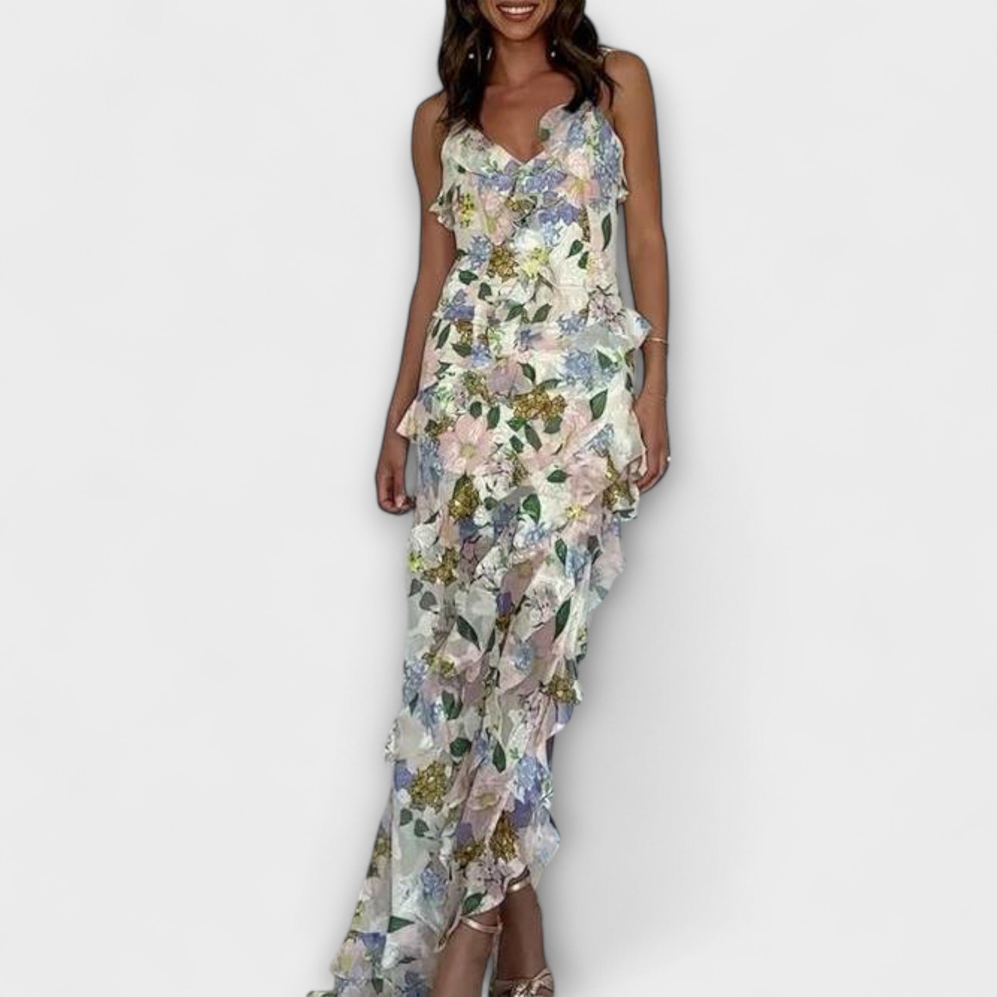 Women’s Maxi Dress, Sleeveless, Layered Ruffles, Asymmetrical Neckline, High Slits, Soft Fabric