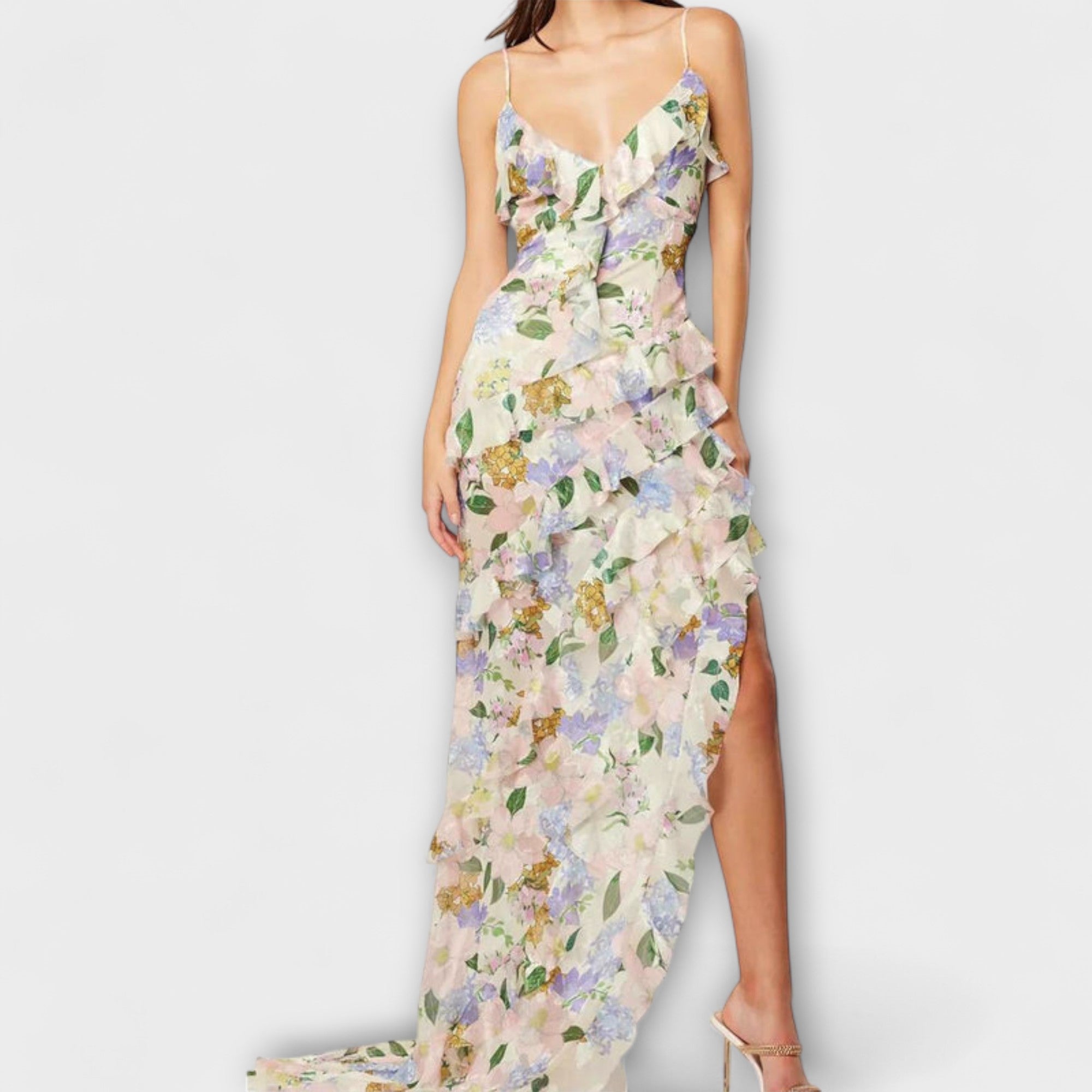 Women’s Maxi Dress, Sleeveless, Layered Ruffles, Asymmetrical Neckline, High Slits, Soft Fabric