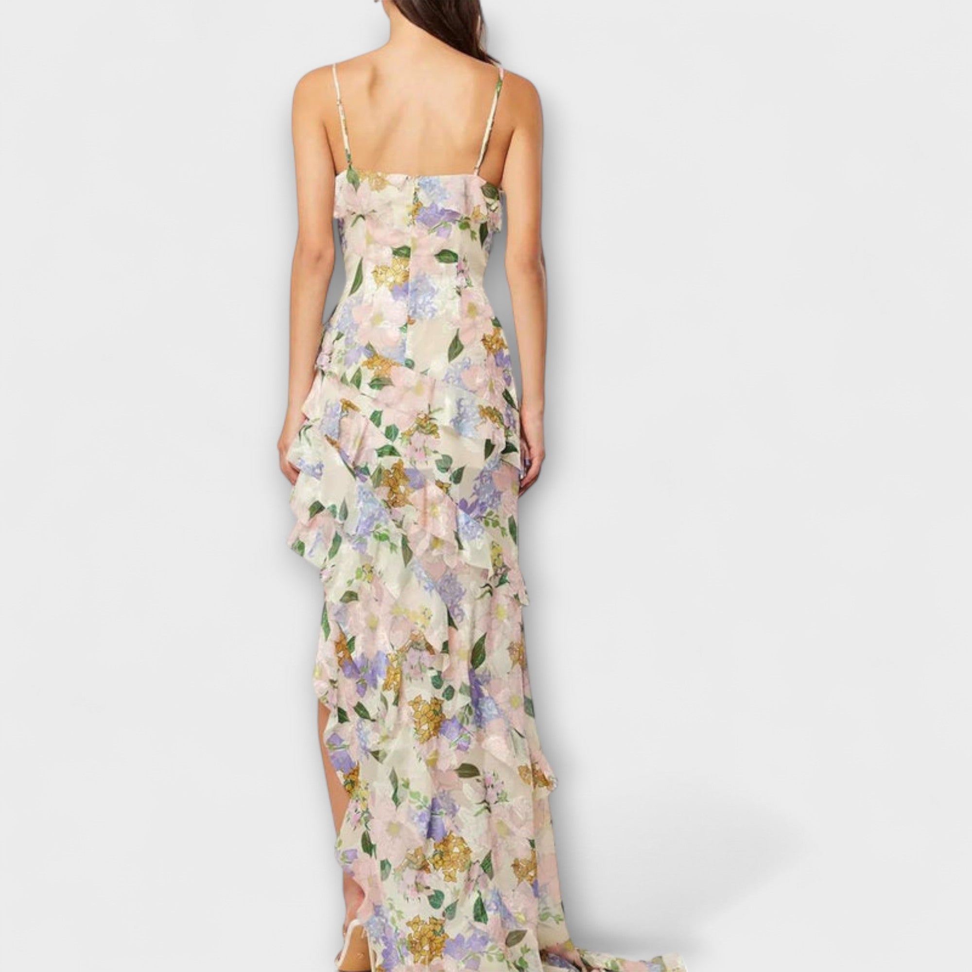 Women’s Maxi Dress, Sleeveless, Layered Ruffles, Asymmetrical Neckline, High Slits, Soft Fabric