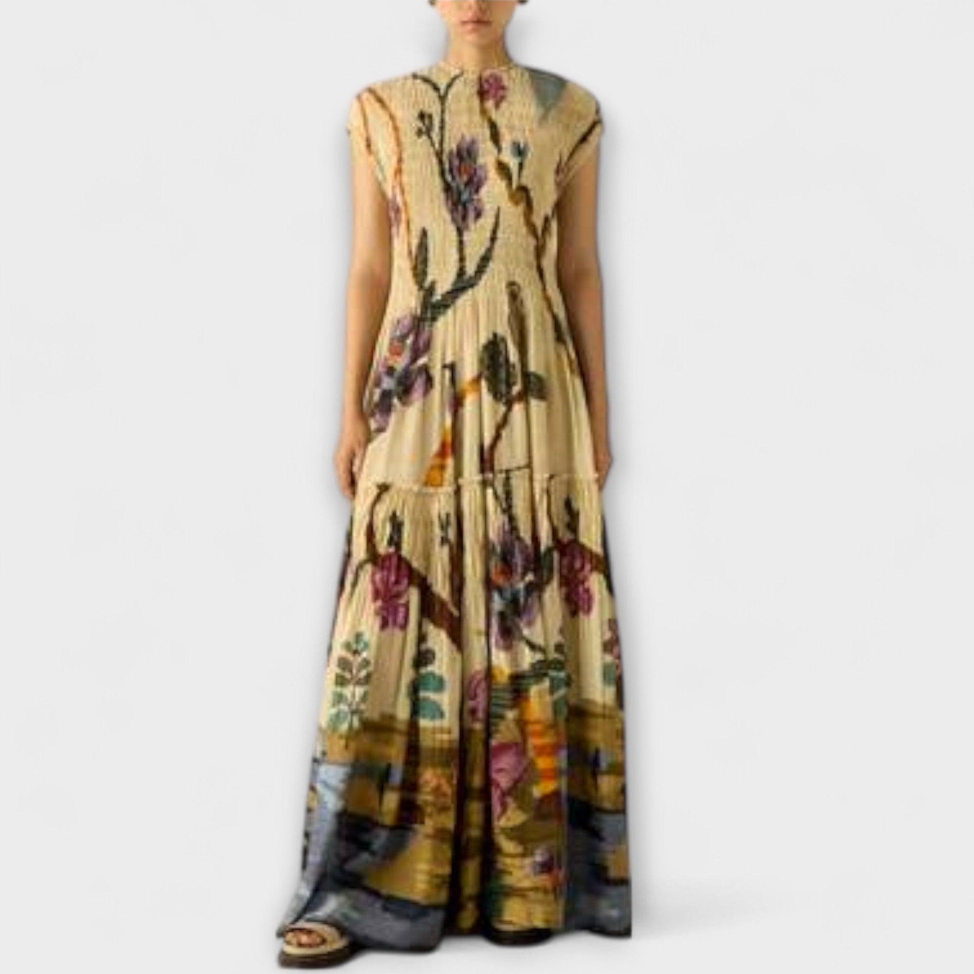 Women’s Maxi Dress, Sleeveless Strapless, Printed Pleated, Flowing Fit, Lightweight Material
