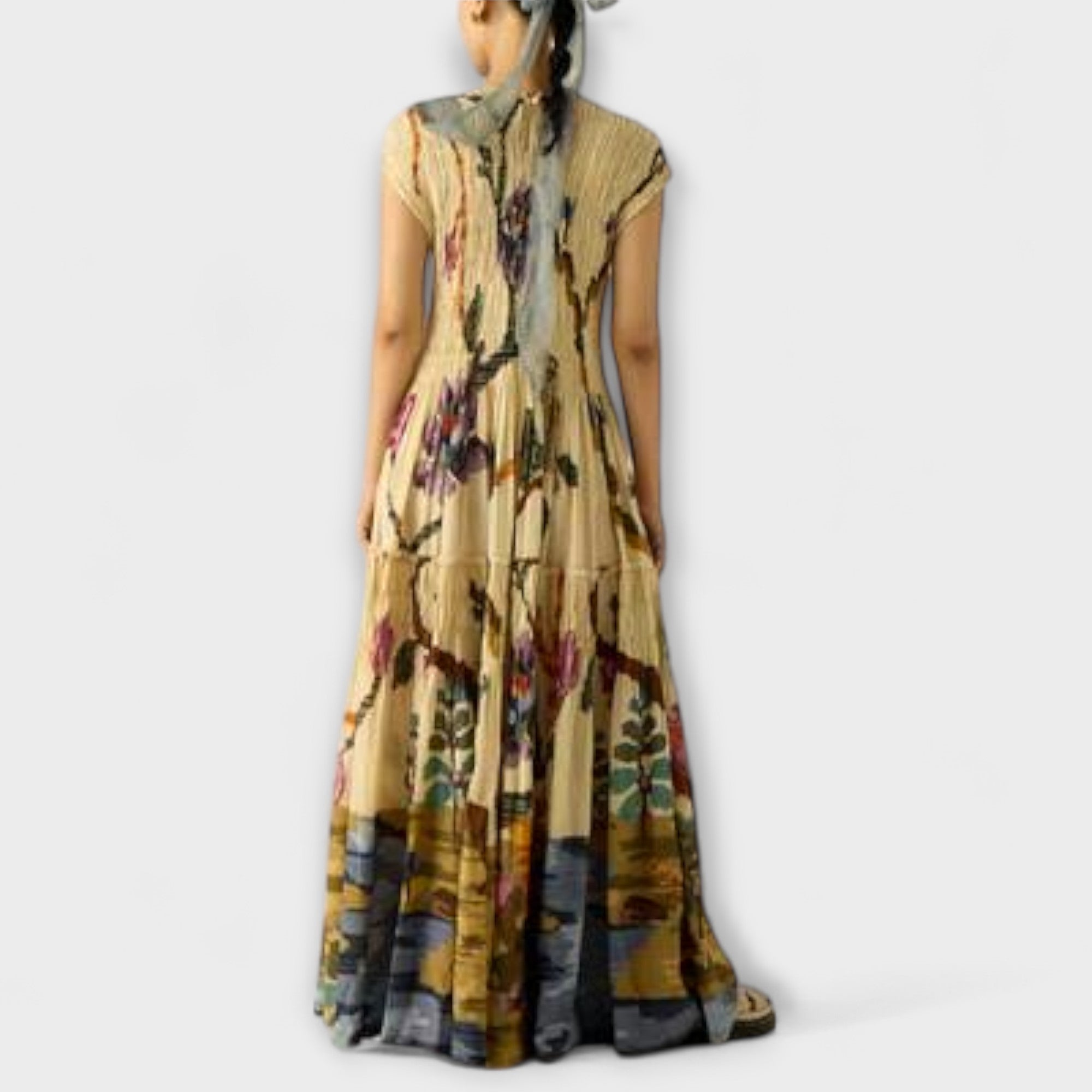 Women’s Maxi Dress, Sleeveless Strapless, Printed Pleated, Flowing Fit, Lightweight Material