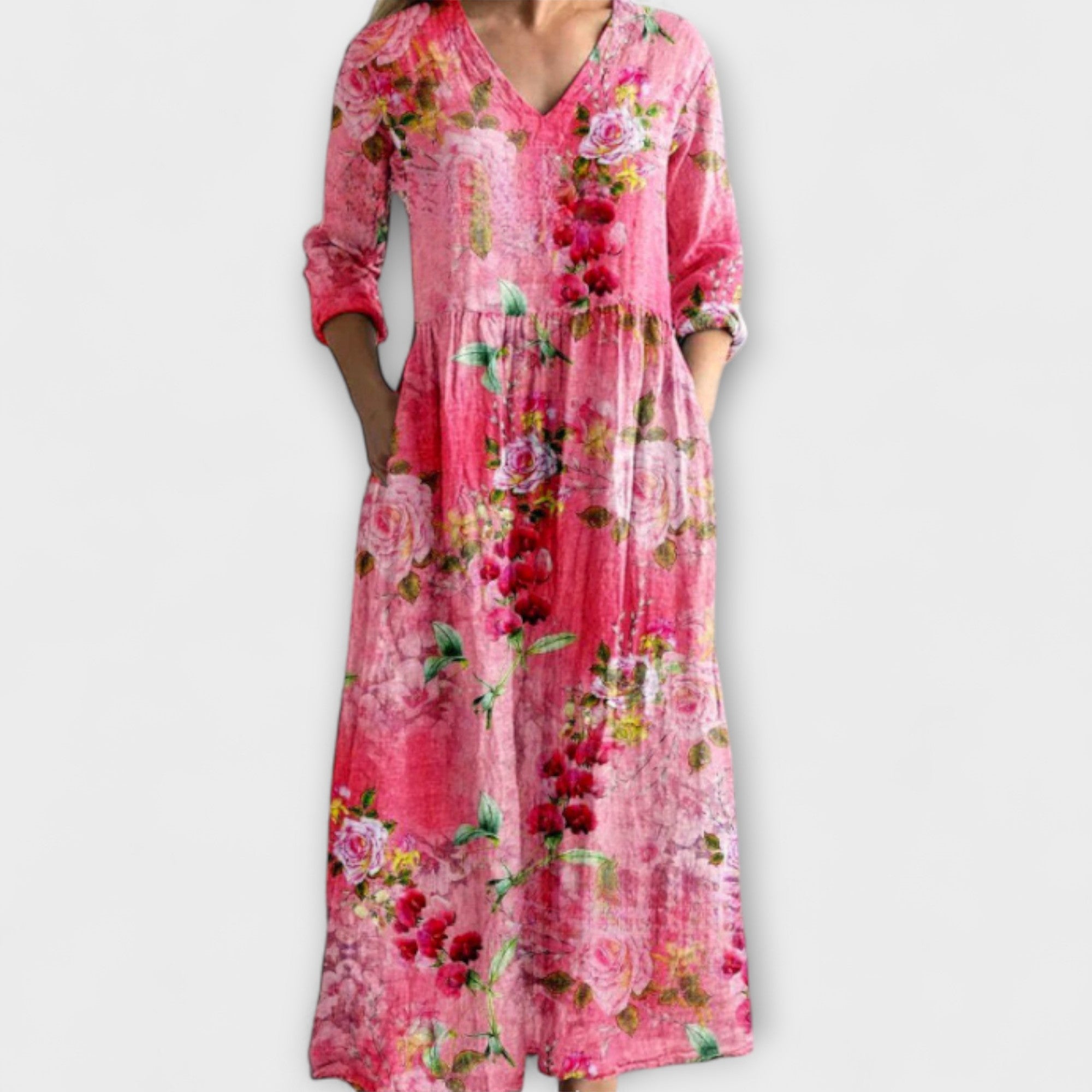 Women’s Maxi Dress, Soft Pink Digital Floral Print, V-Neck, Long Sleeve, Loose Fit, Lightweight