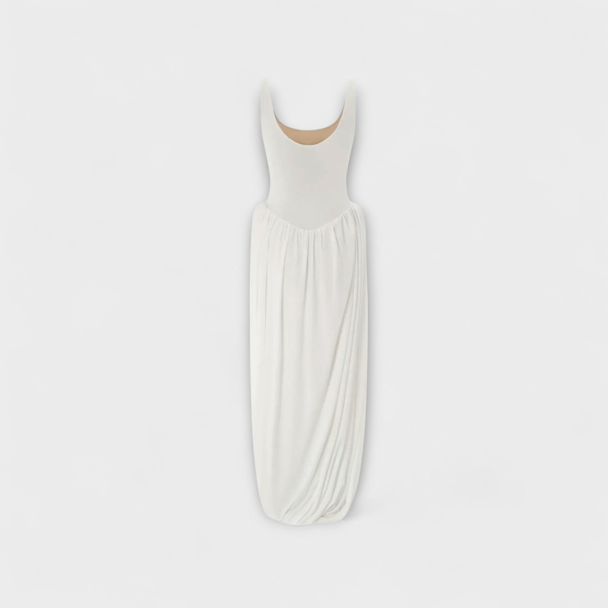 Women’s Maxi Dress, White, Sleeveless with Thick Straps, Scoop Neck, Draped Balloon Skirt with Ruffled Hem and Side Slit