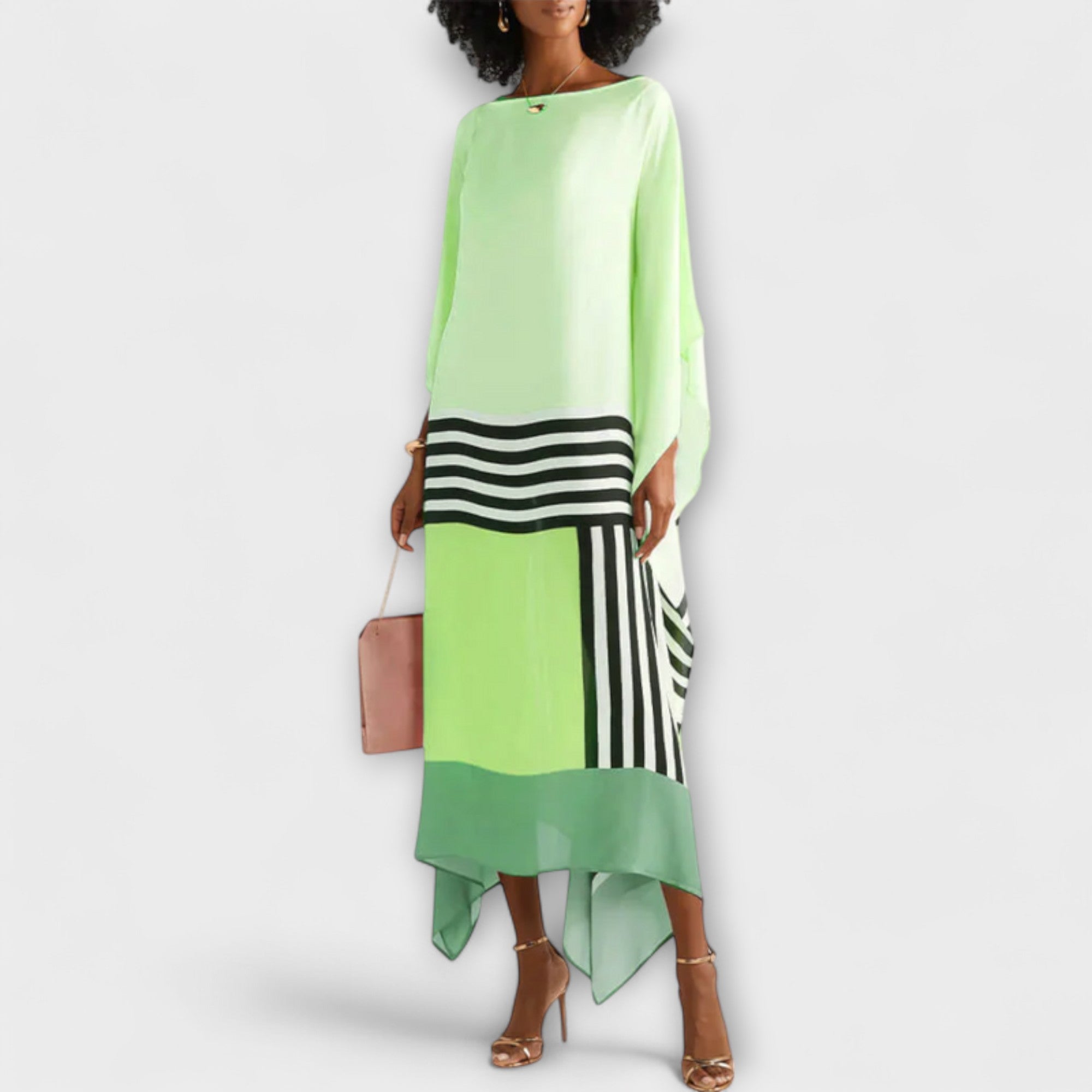 Women’s Mesh Kaftan Dress, Butterfly Sleeves, Round Neckline, Relaxed Fit, Geometric Pattern