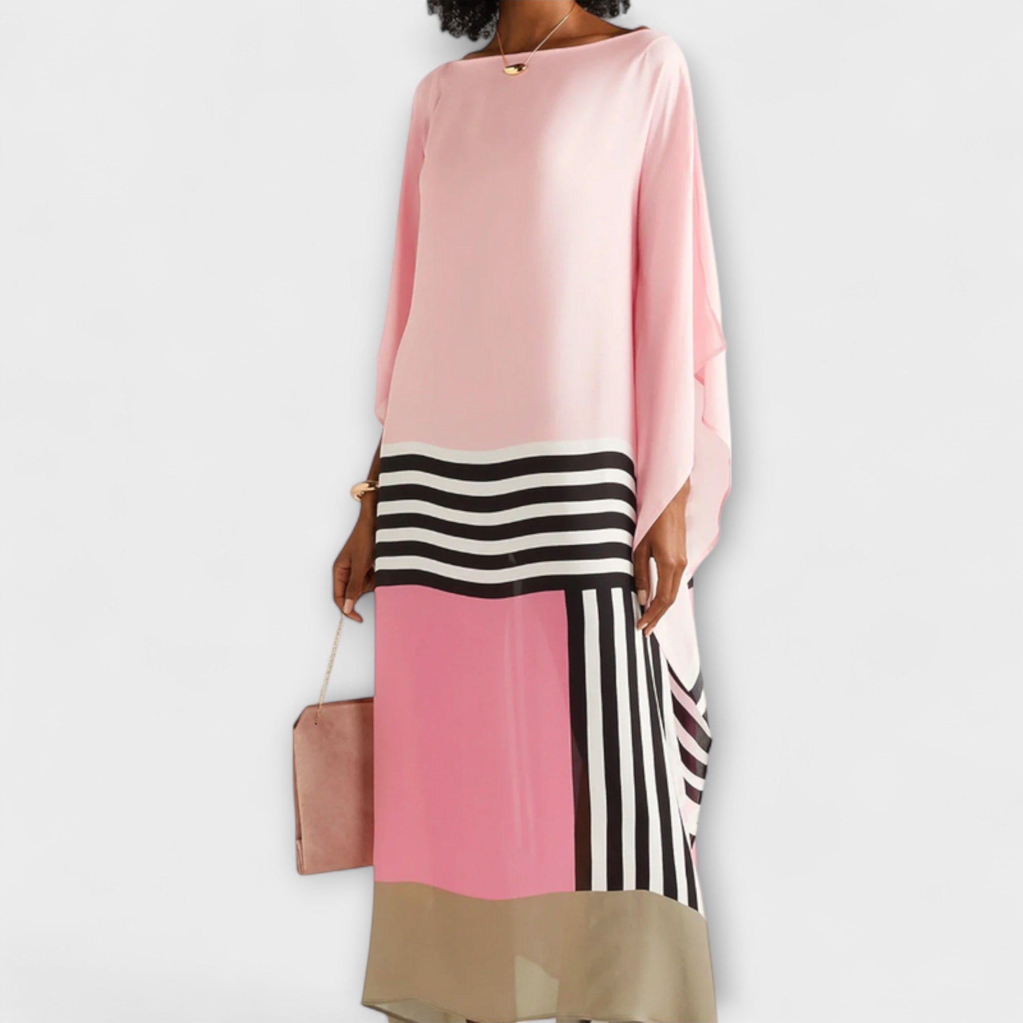 Women’s Mesh Kaftan Dress, Butterfly Sleeves, Round Neckline, Relaxed Fit, Geometric Pattern