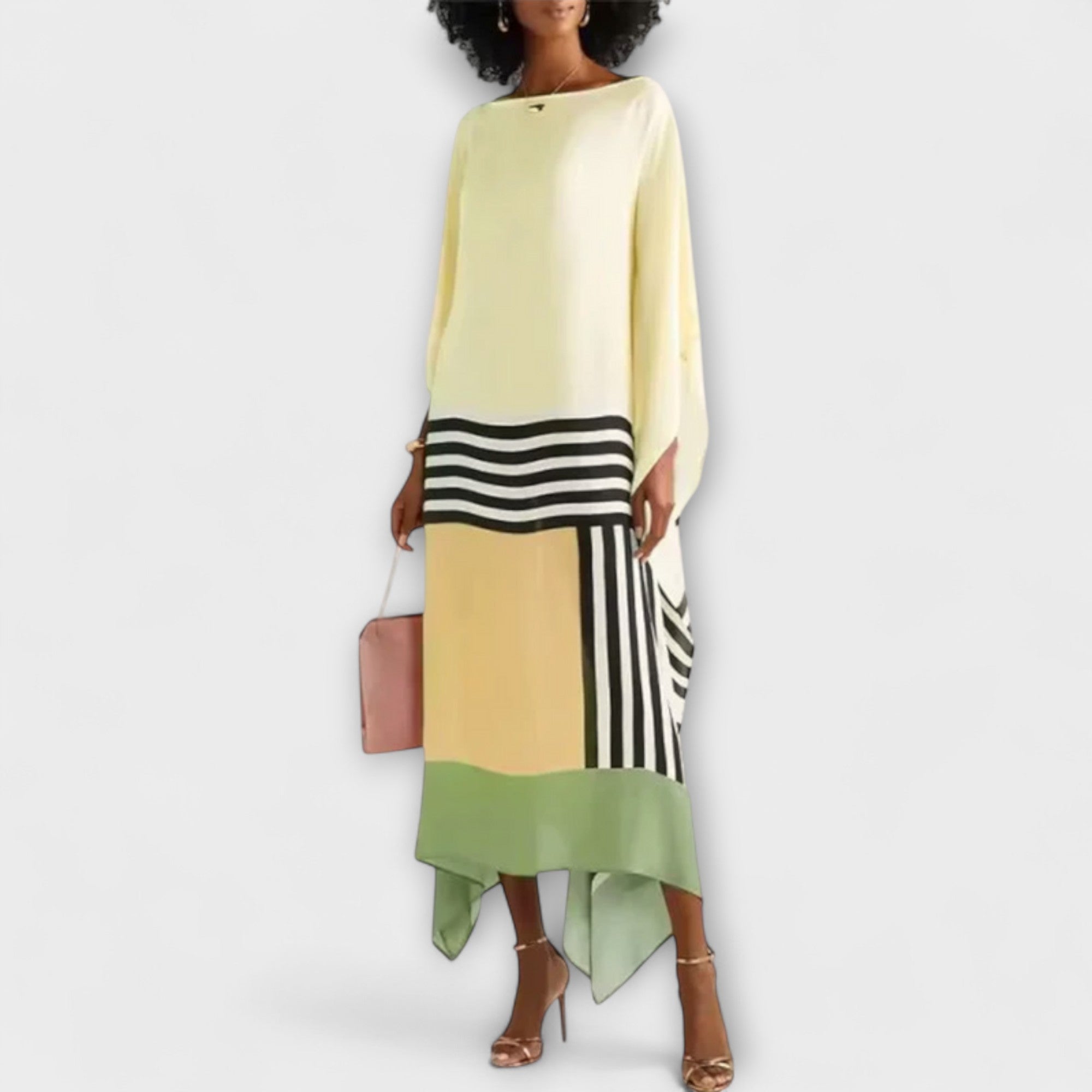 Women’s Mesh Kaftan Dress, Butterfly Sleeves, Round Neckline, Relaxed Fit, Geometric Pattern