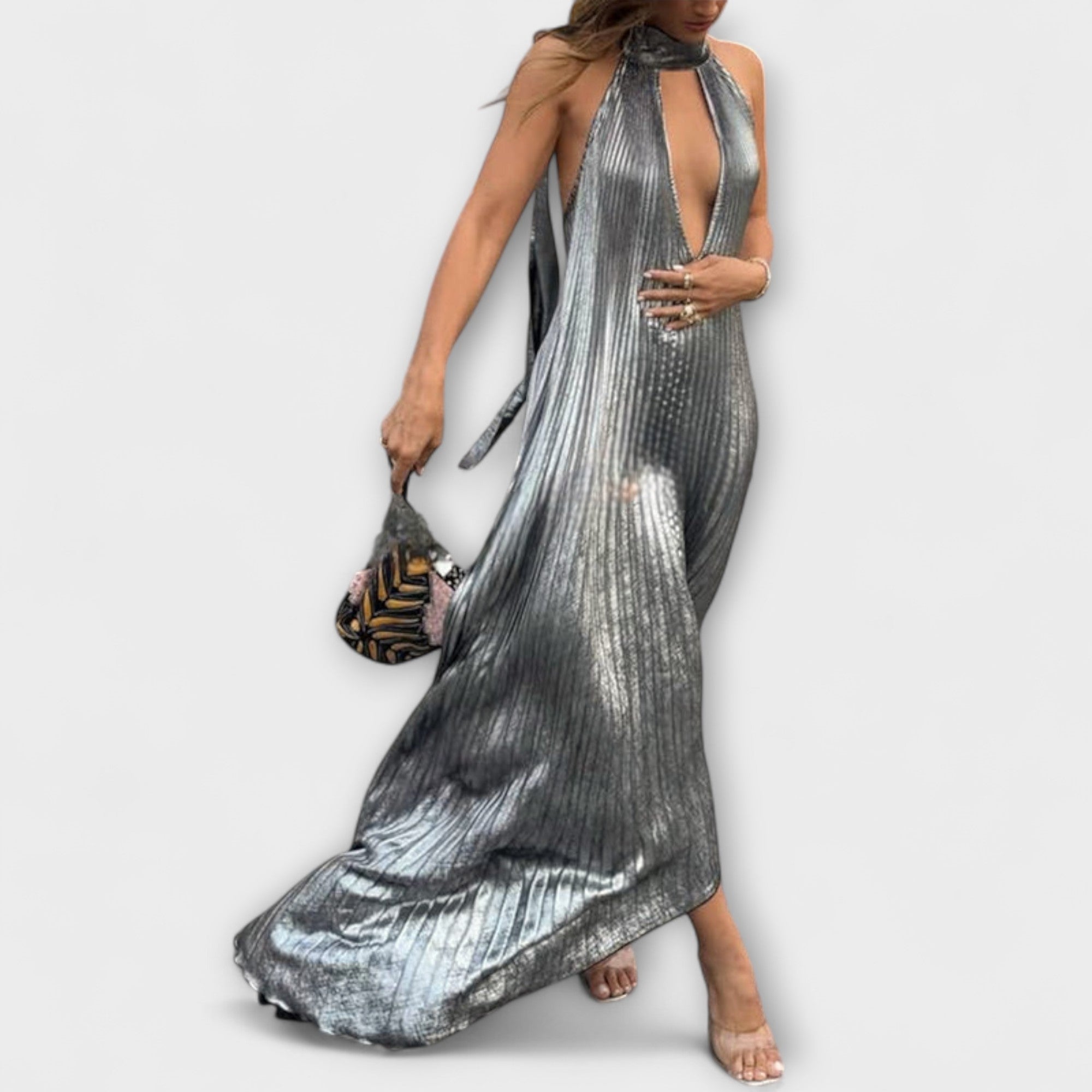 Women’s Metallic Ankle-Length Dress, Sleeveless, V-Neck, Halter Neck, Relaxed Fit