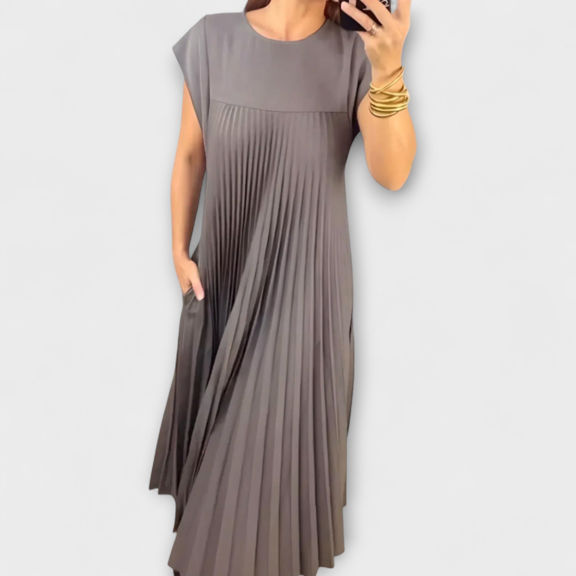 Women’s Midi Dress, A-Line Fit, Bell Sleeves, Round Neckline, Lightweight Fabric Blend, Side Pockets