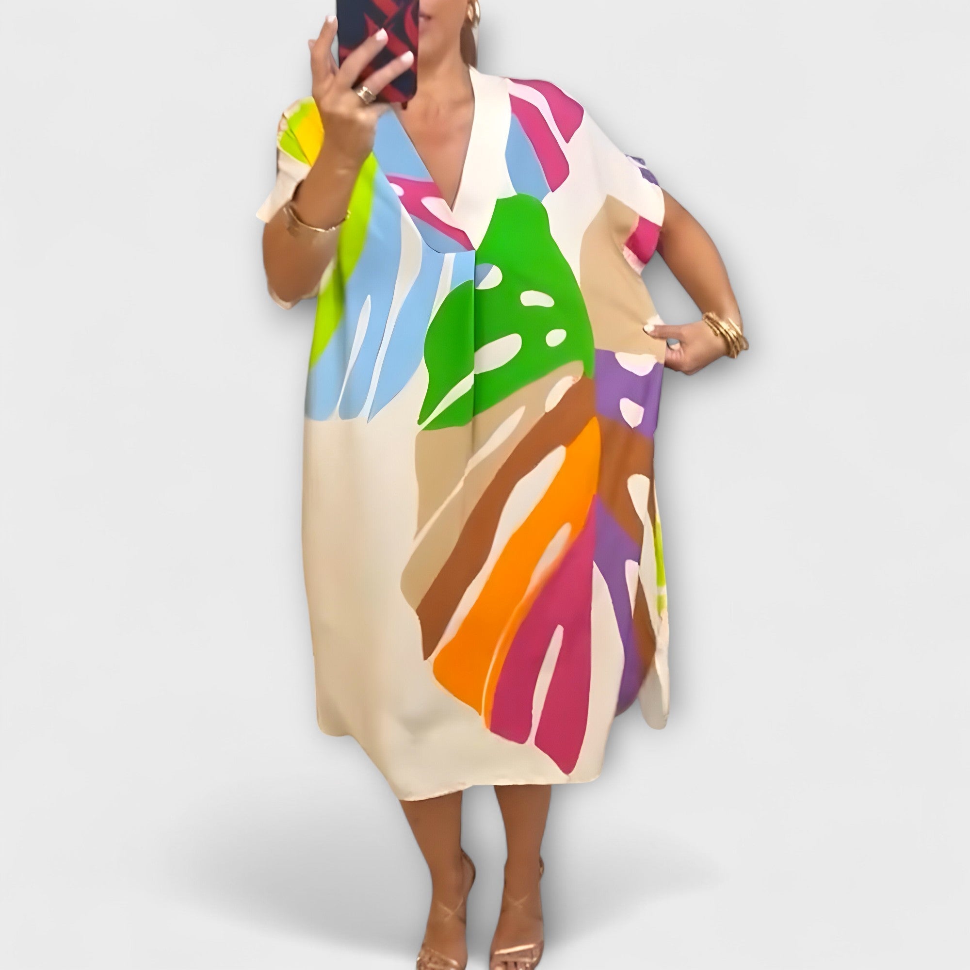 Women’s Midi Dress, Leaf Print, V-Neck, Short Sleeve, Relaxed Fit, Lightweight Breathable Fabric