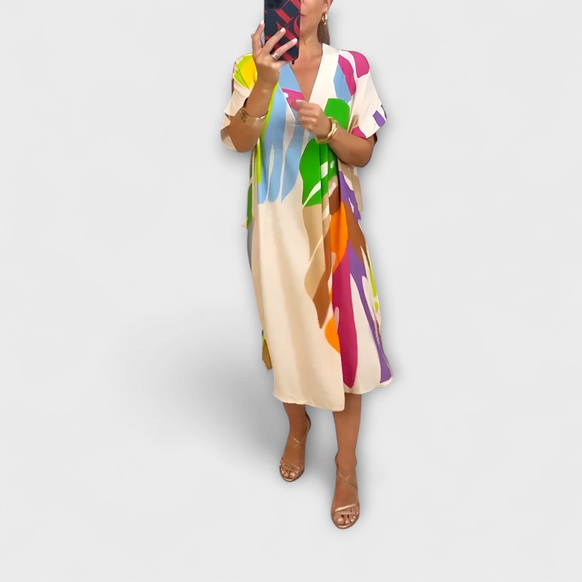 Women’s Midi Dress, Leaf Print, V-Neck, Short Sleeve, Relaxed Fit, Lightweight Breathable Fabric