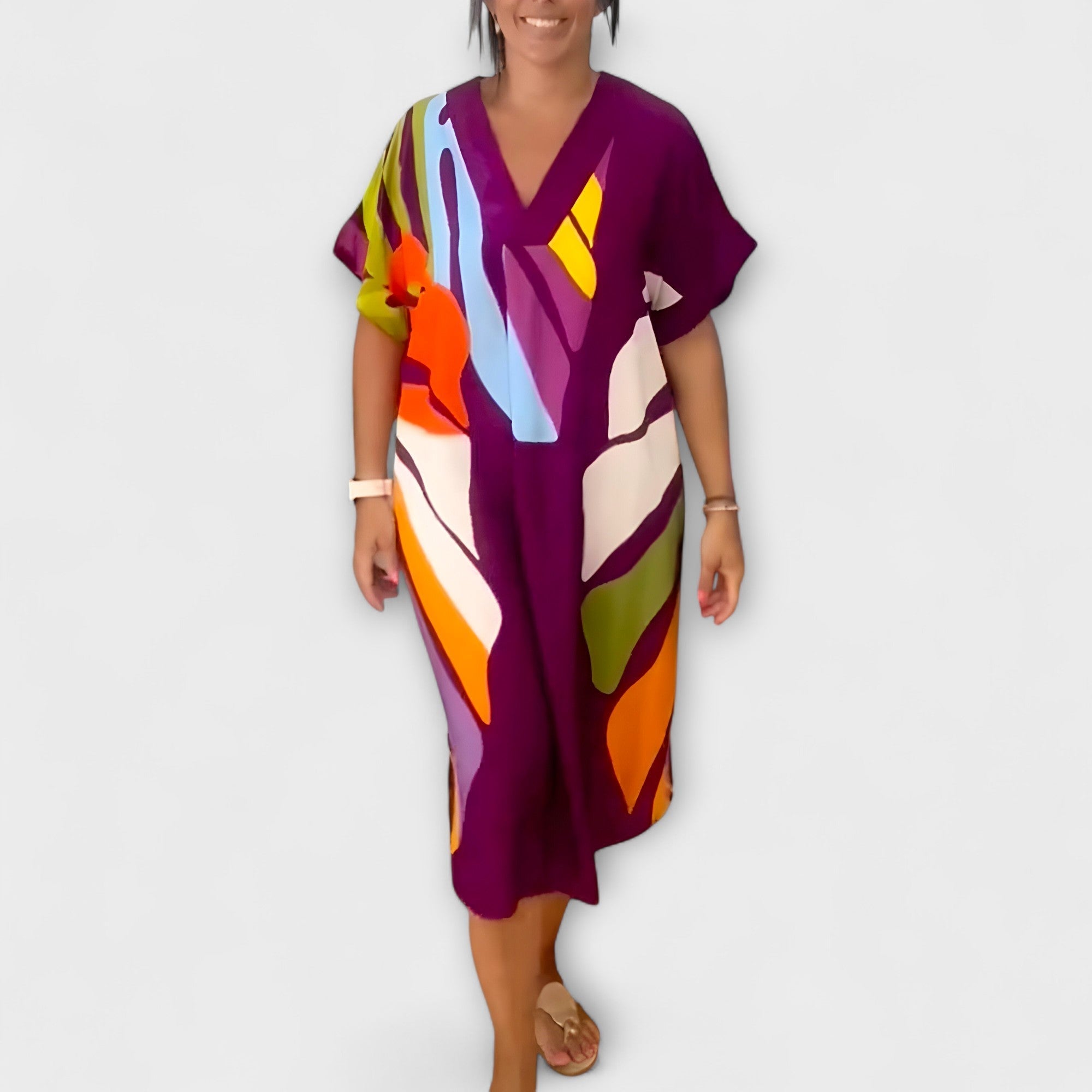 Women’s Midi Dress, Leaf Print, V-Neck, Short Sleeve, Relaxed Fit, Lightweight Breathable Fabric