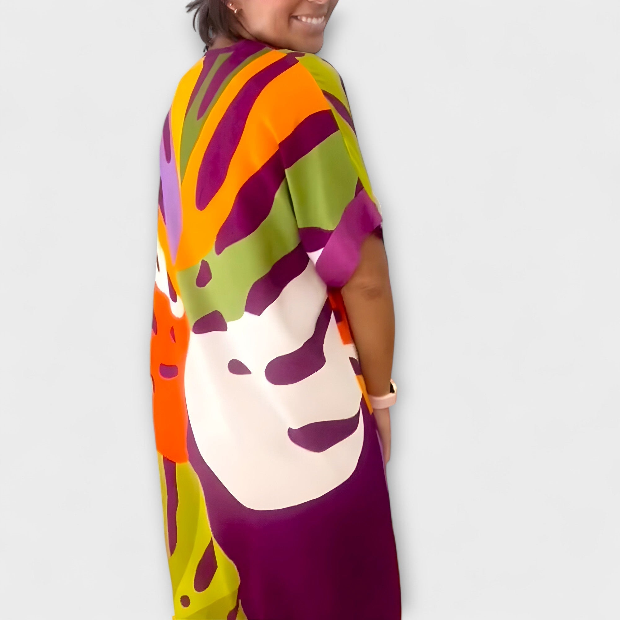 Women’s Midi Dress, Leaf Print, V-Neck, Short Sleeve, Relaxed Fit, Lightweight Breathable Fabric