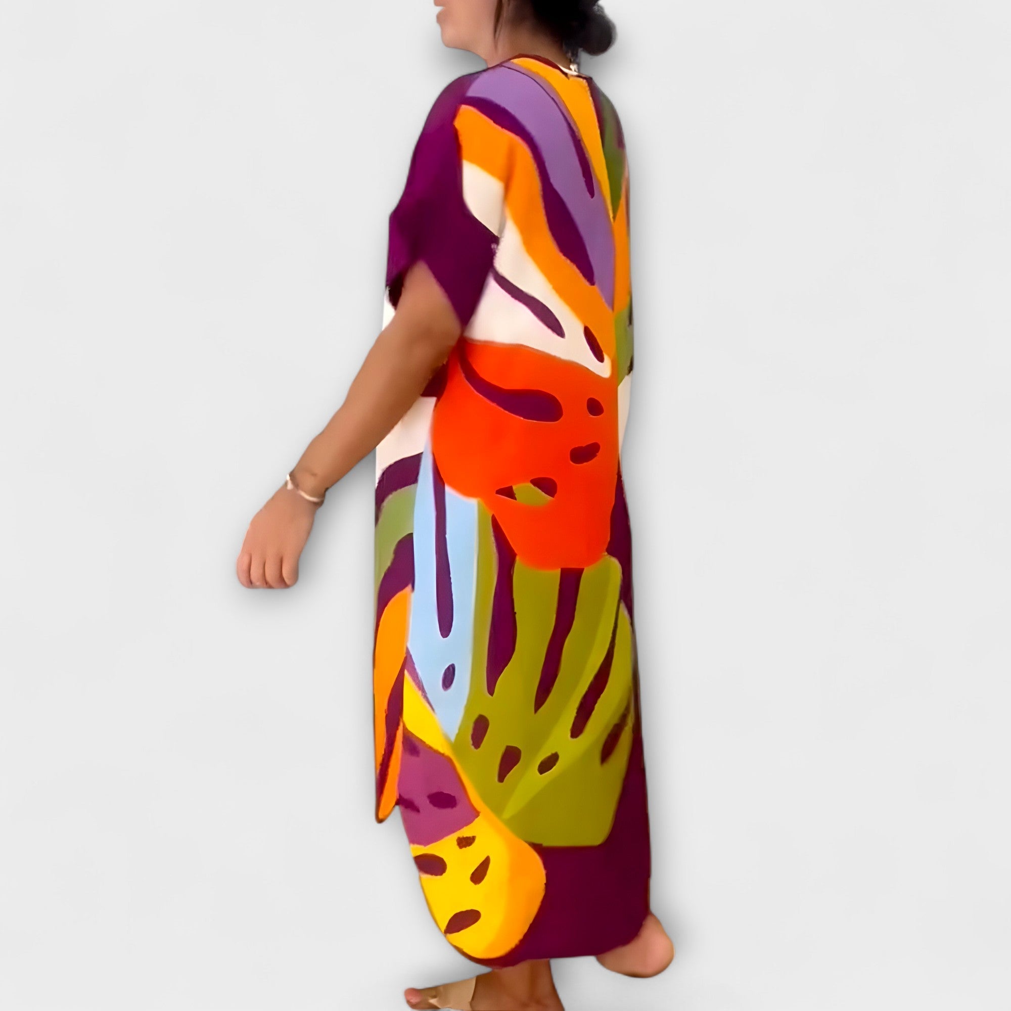 Women’s Midi Dress, Leaf Print, V-Neck, Short Sleeve, Relaxed Fit, Lightweight Breathable Fabric