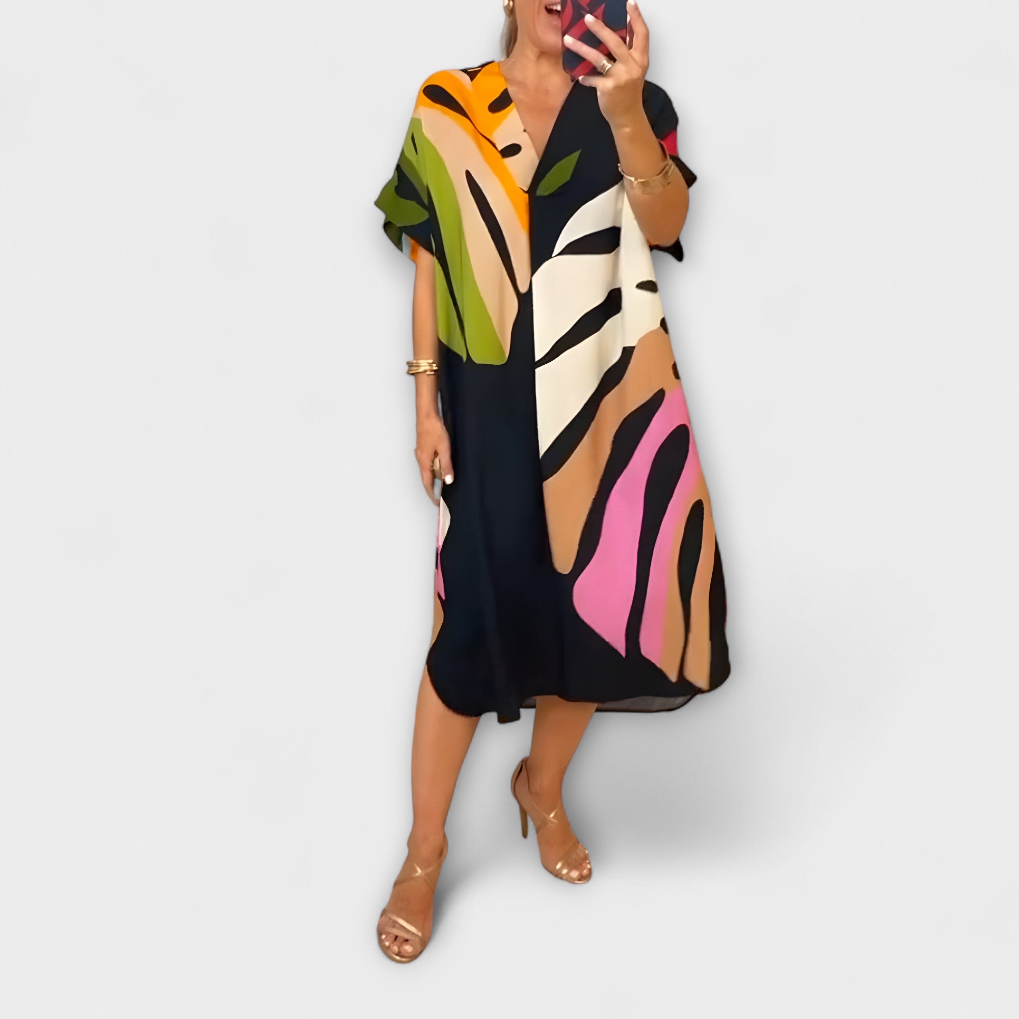 Women’s Midi Dress, Leaf Print, V-Neck, Short Sleeve, Relaxed Fit, Lightweight Breathable Fabric