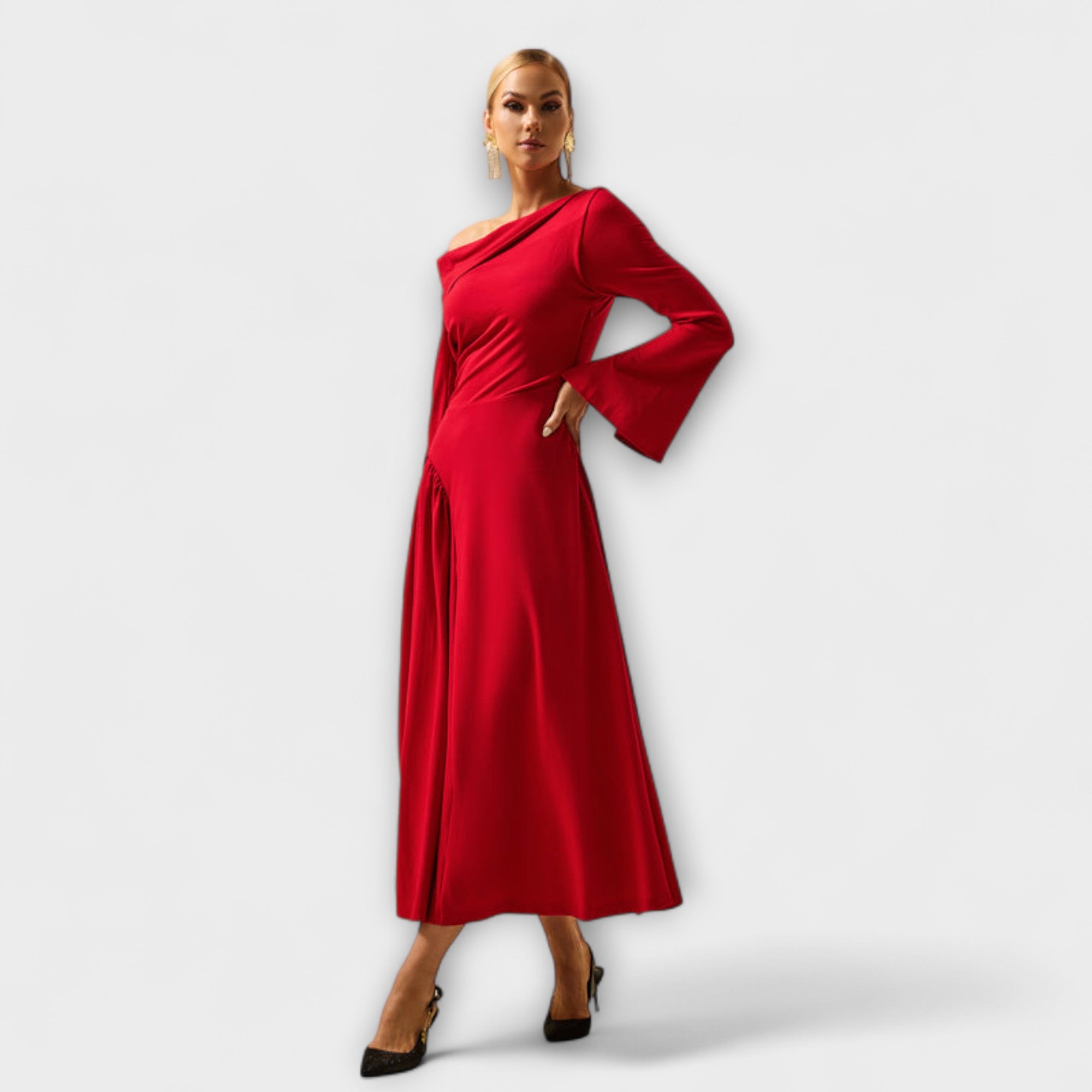 Women’s Midi Dress, Monochromatic with Lace Accents, V-Neck, Ruffled Long Sleeves, Sophisticated Fit