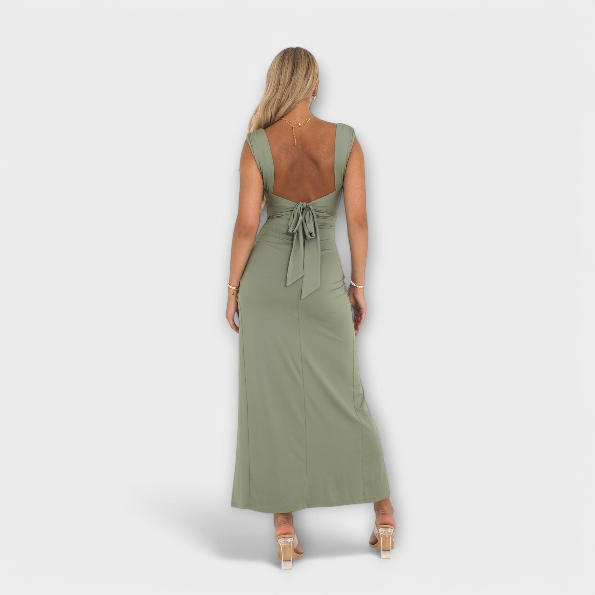Women’s Midi Dress, Natural Fiber Stretch Fabric, Sleeveless, Lace-Up Back, Side Slit, Elegant Fit