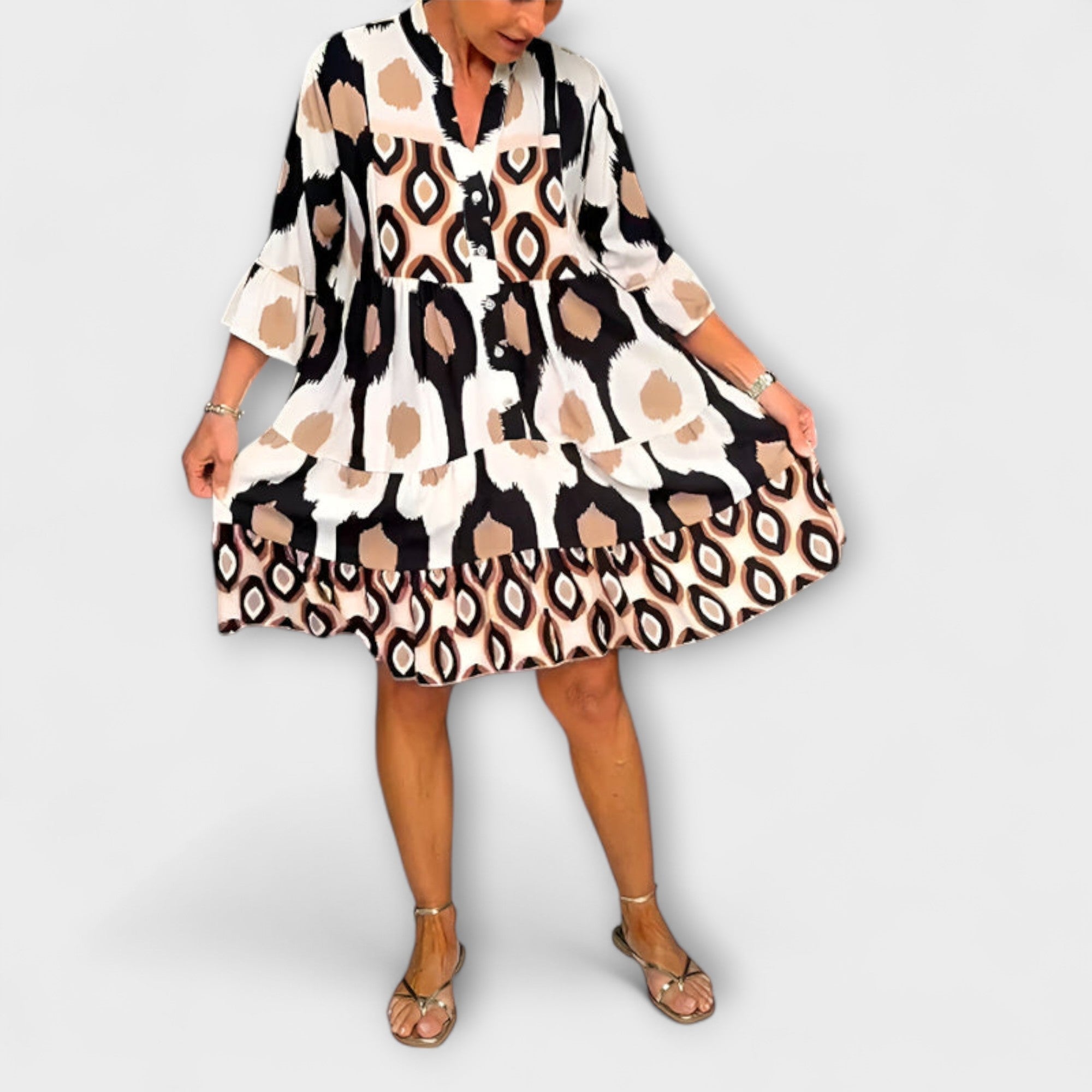 Women’s Midi Dress, Patterned, V-Neckline with Buttons, Three-Quarter Sleeve, Breathable Comfortable Fit, Layered Skirt