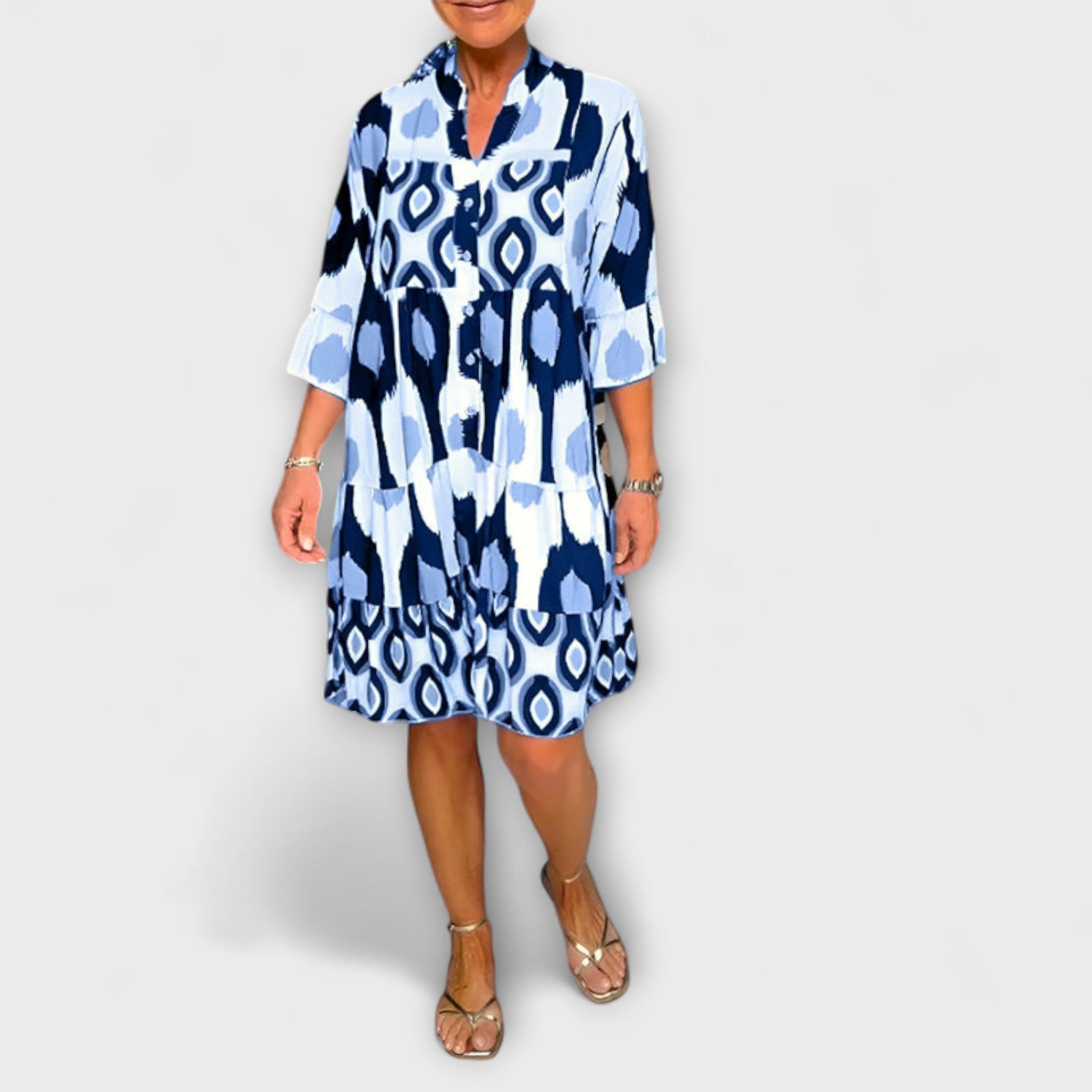 Women’s Midi Dress, Patterned, V-Neckline with Buttons, Three-Quarter Sleeve, Breathable Comfortable Fit, Layered Skirt