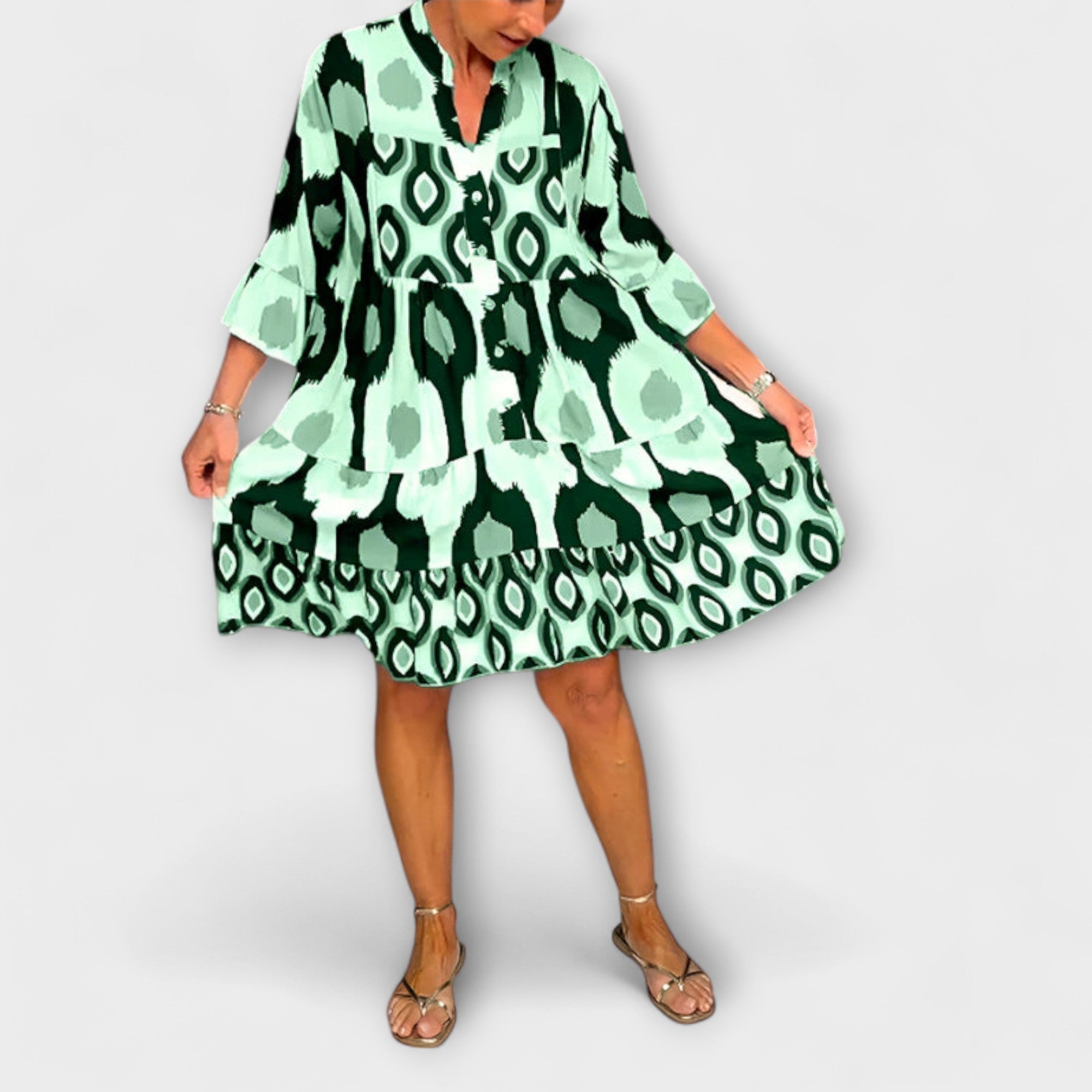 Women’s Midi Dress, Patterned, V-Neckline with Buttons, Three-Quarter Sleeve, Breathable Comfortable Fit, Layered Skirt