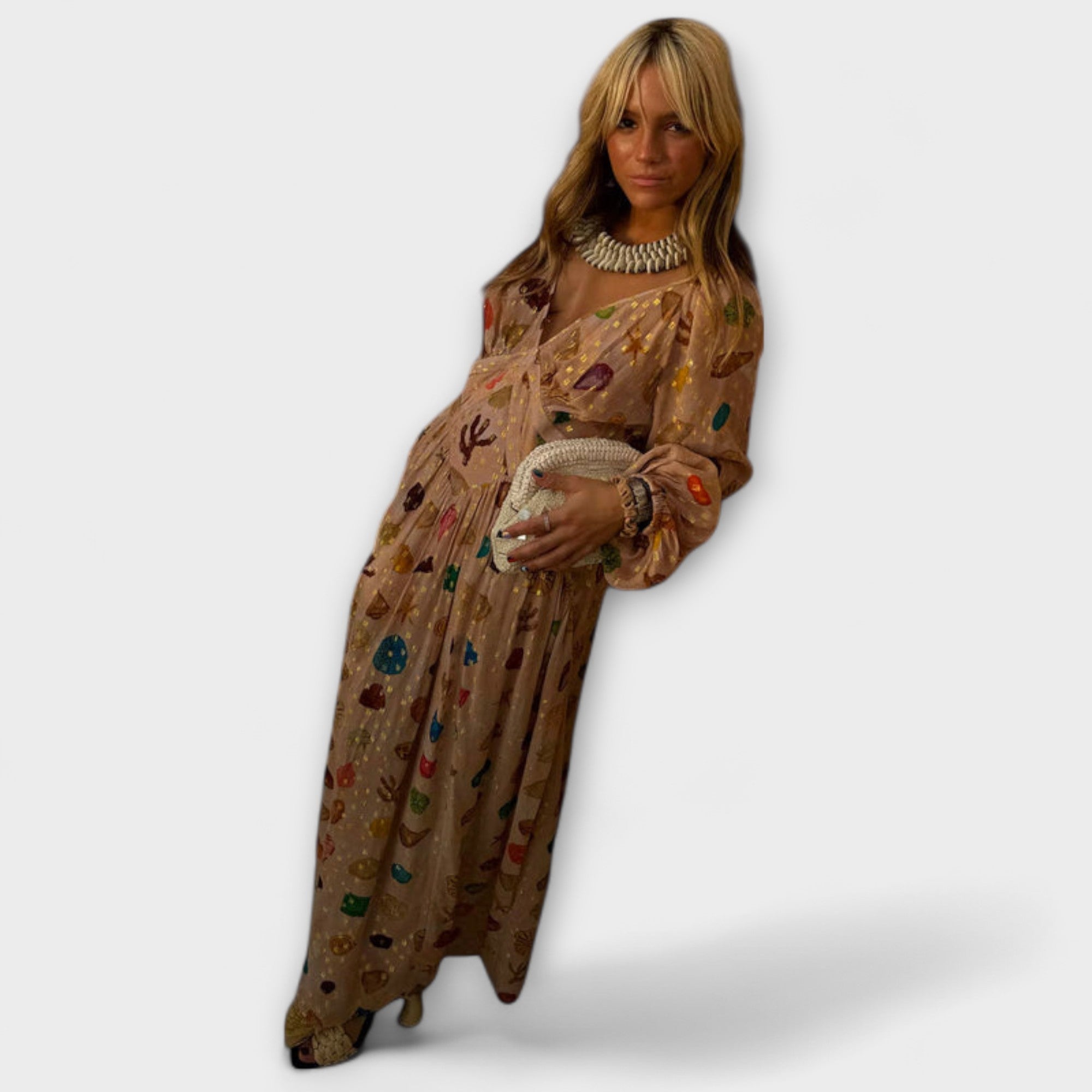 Women’s Midi Dress Shell Print Viscose Blend Long Sleeve Corset Fit Adjustable Neckline