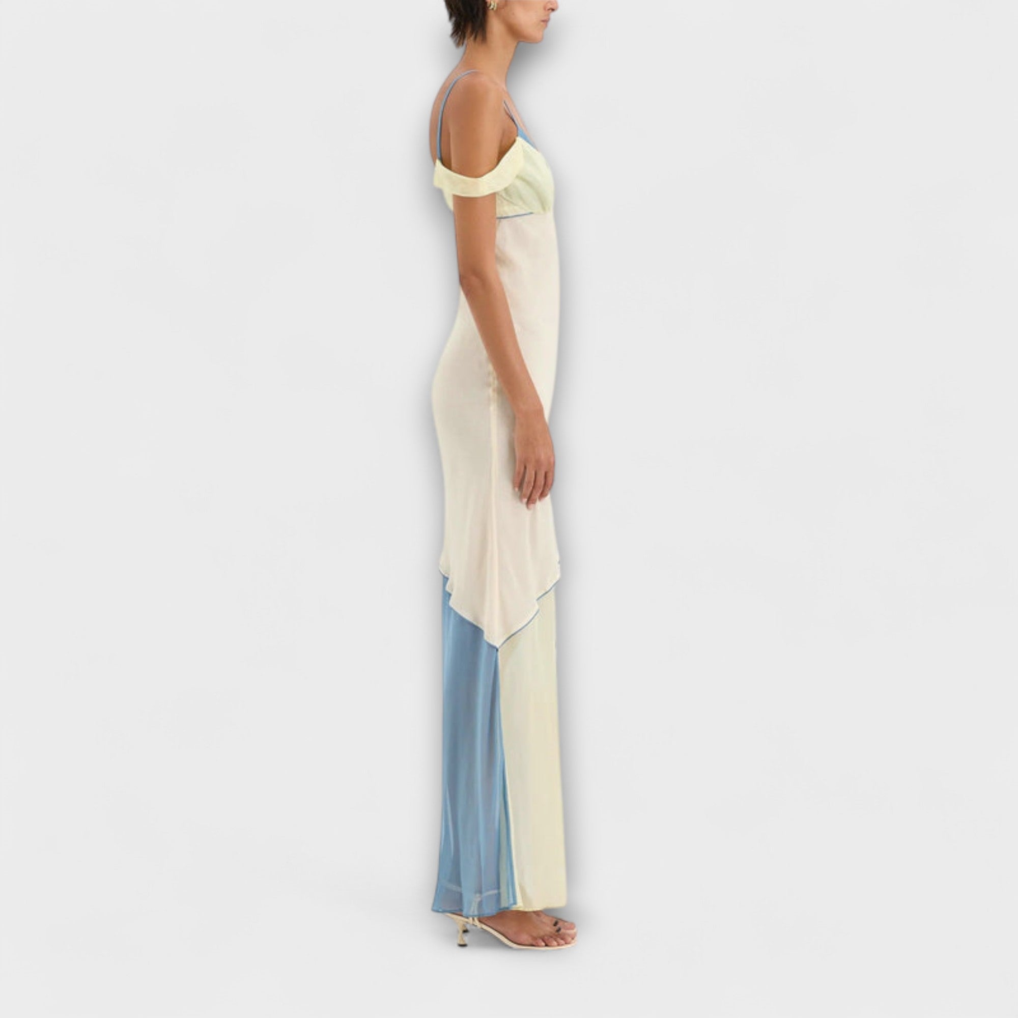 Women’s Midi Dress Sleeveless Asymmetric Neckline Fit Chiffon Ecru and Blue