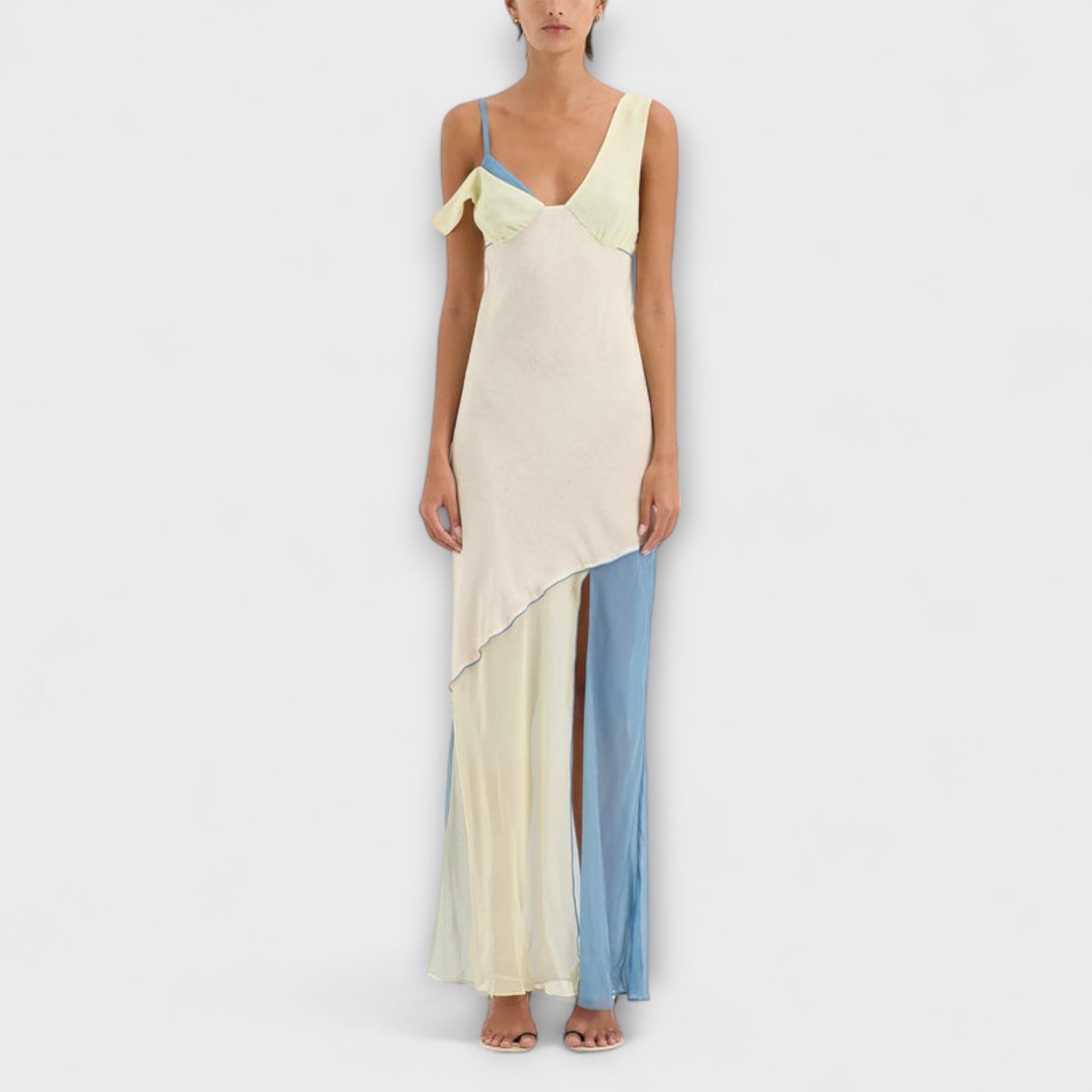 Women’s Midi Dress Sleeveless Asymmetric Neckline Fit Chiffon Ecru and Blue