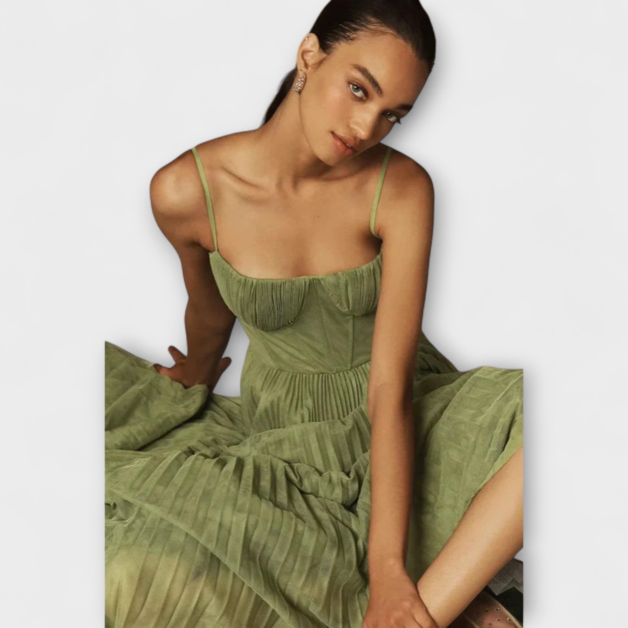 Women’s Midi Dress Sleeveless Corset Fit Heart Neckline Pleated Tulle Fabric