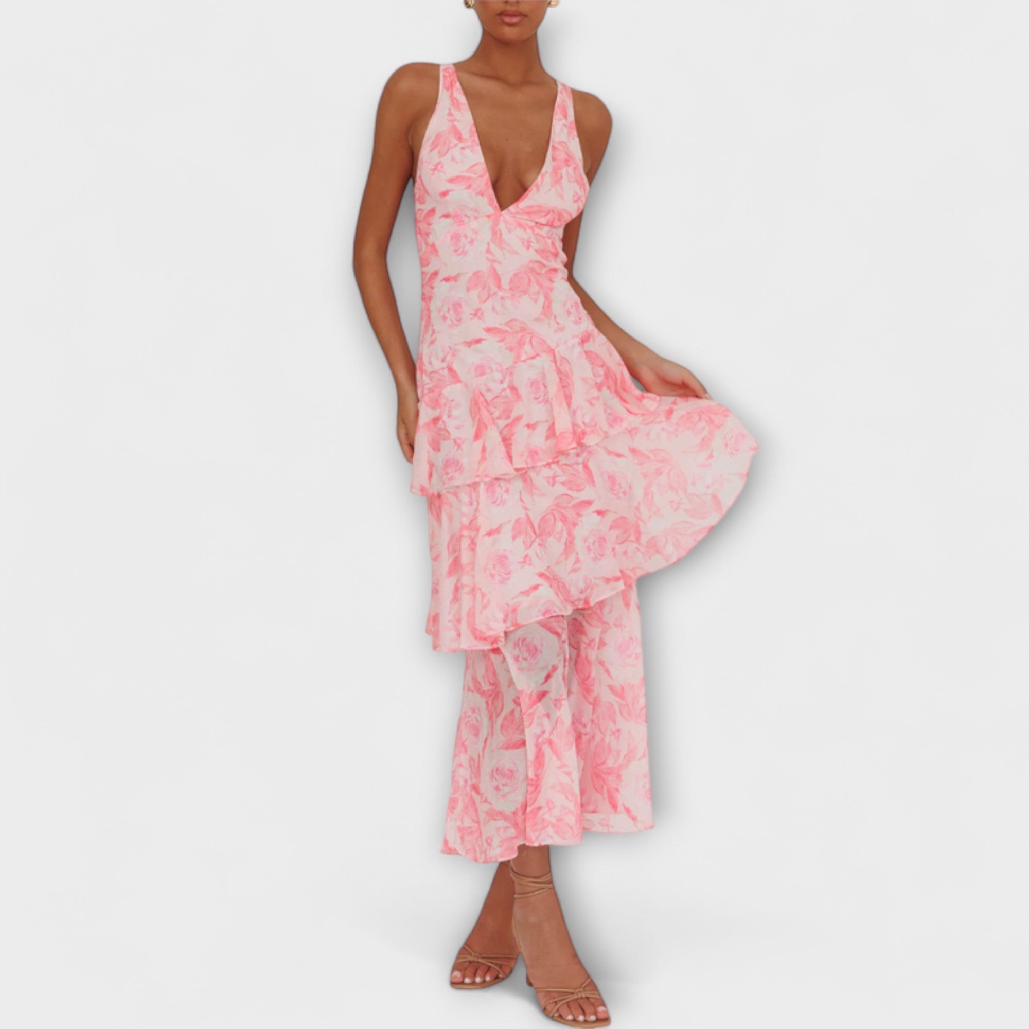 Women’s Midi Dress, Sleeveless, Deep V-Neckline, Casual Fit, Breathable Chiffon, Gem-Inspired Tones