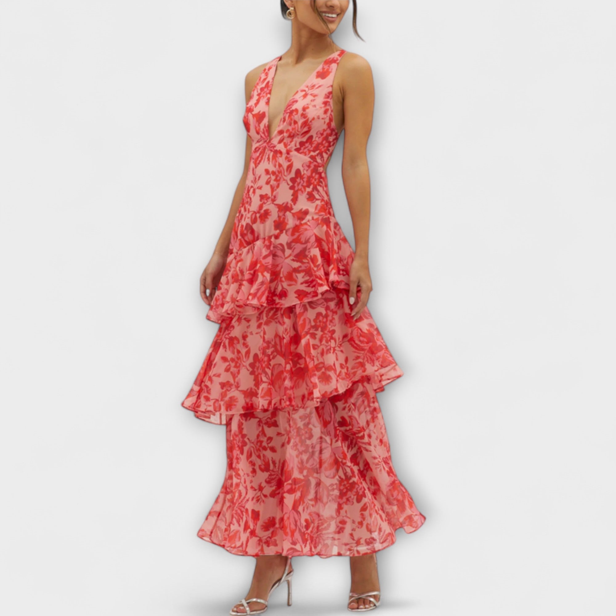 Women’s Midi Dress, Sleeveless, Deep V-Neckline, Casual Fit, Breathable Chiffon, Gem-Inspired Tones