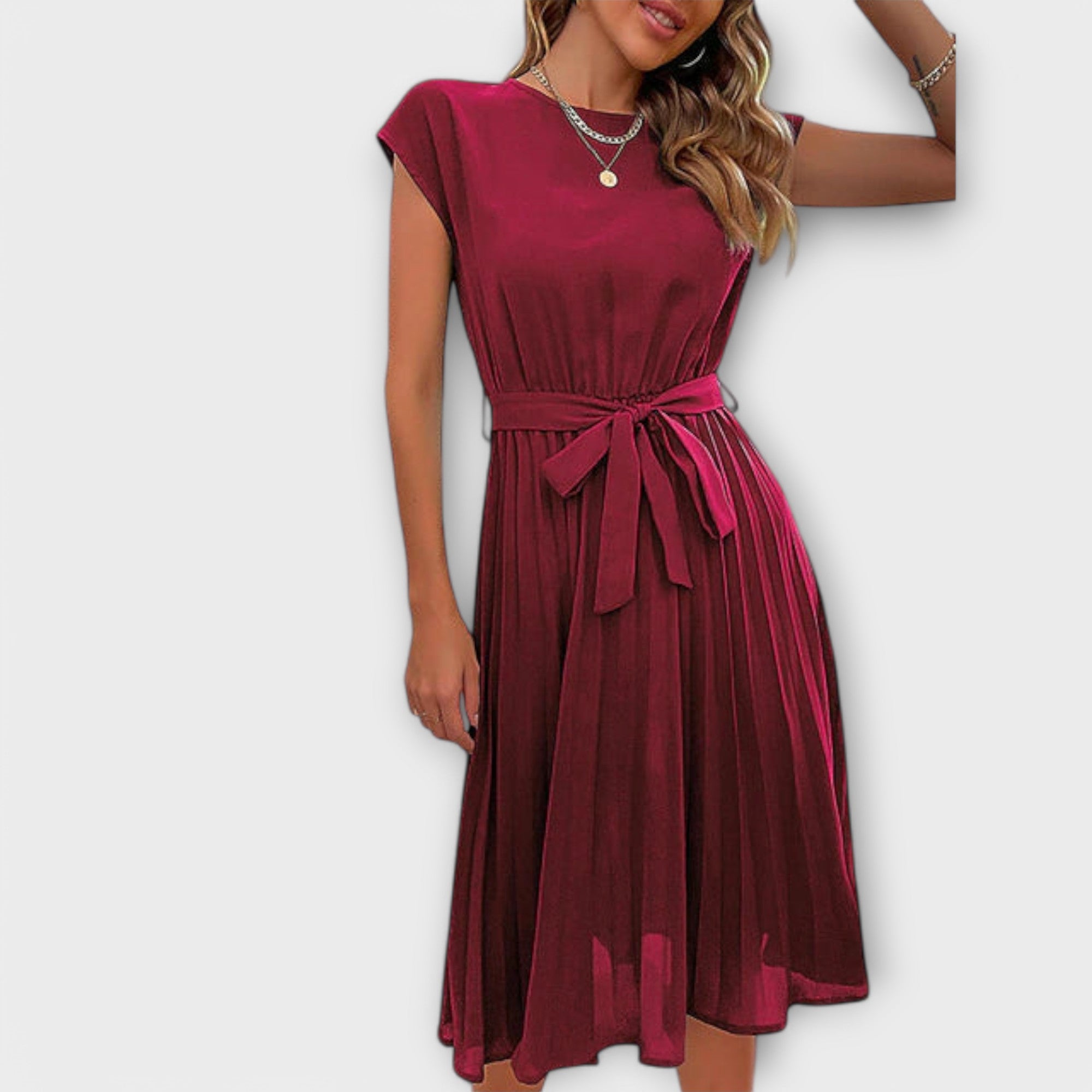 Women’s Midi Dress, Soft Color, Tailored Fit, Short Sleeves, Round Neckline, Lightweight Breathable Fabric