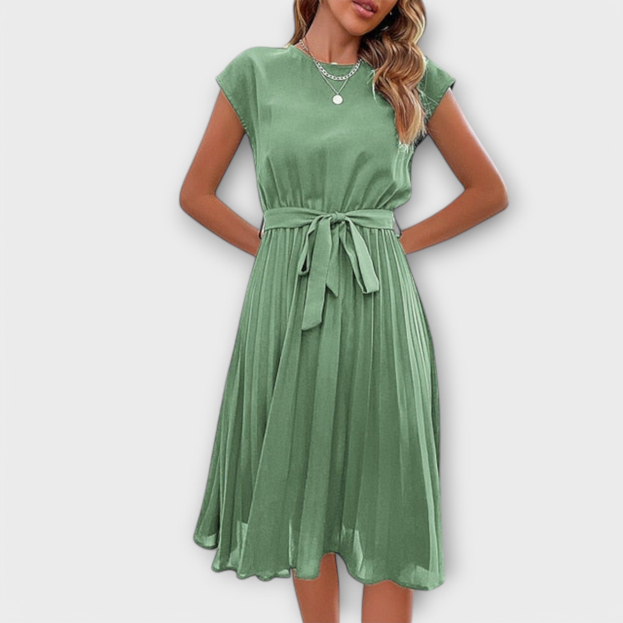 Women’s Midi Dress, Soft Color, Tailored Fit, Short Sleeves, Round Neckline, Lightweight Breathable Fabric