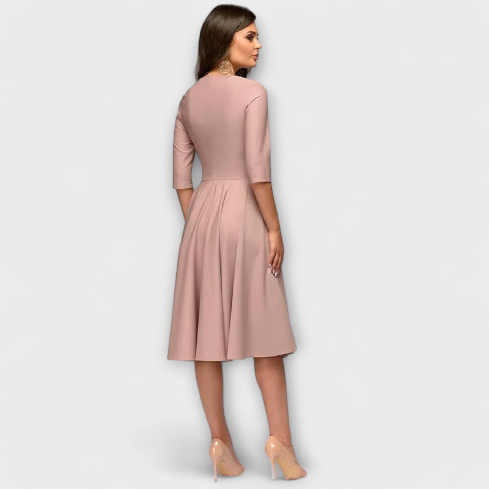 Women’s Midi Dress, Tailored Fit with Waist Belt, Three-Quarter Sleeves, Soft Fabric
