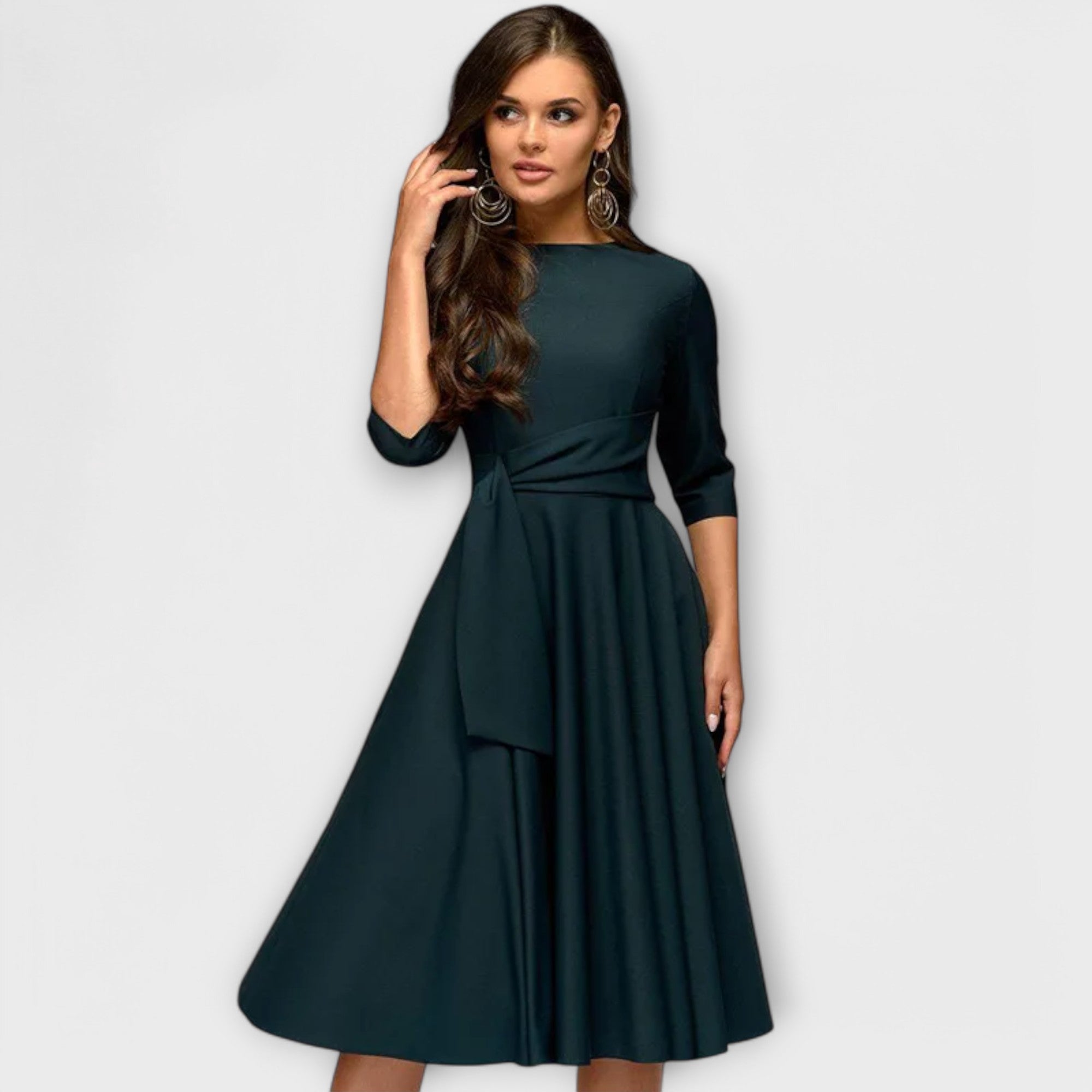 Women’s Midi Dress, Tailored Fit with Waist Belt, Three-Quarter Sleeves, Soft Fabric