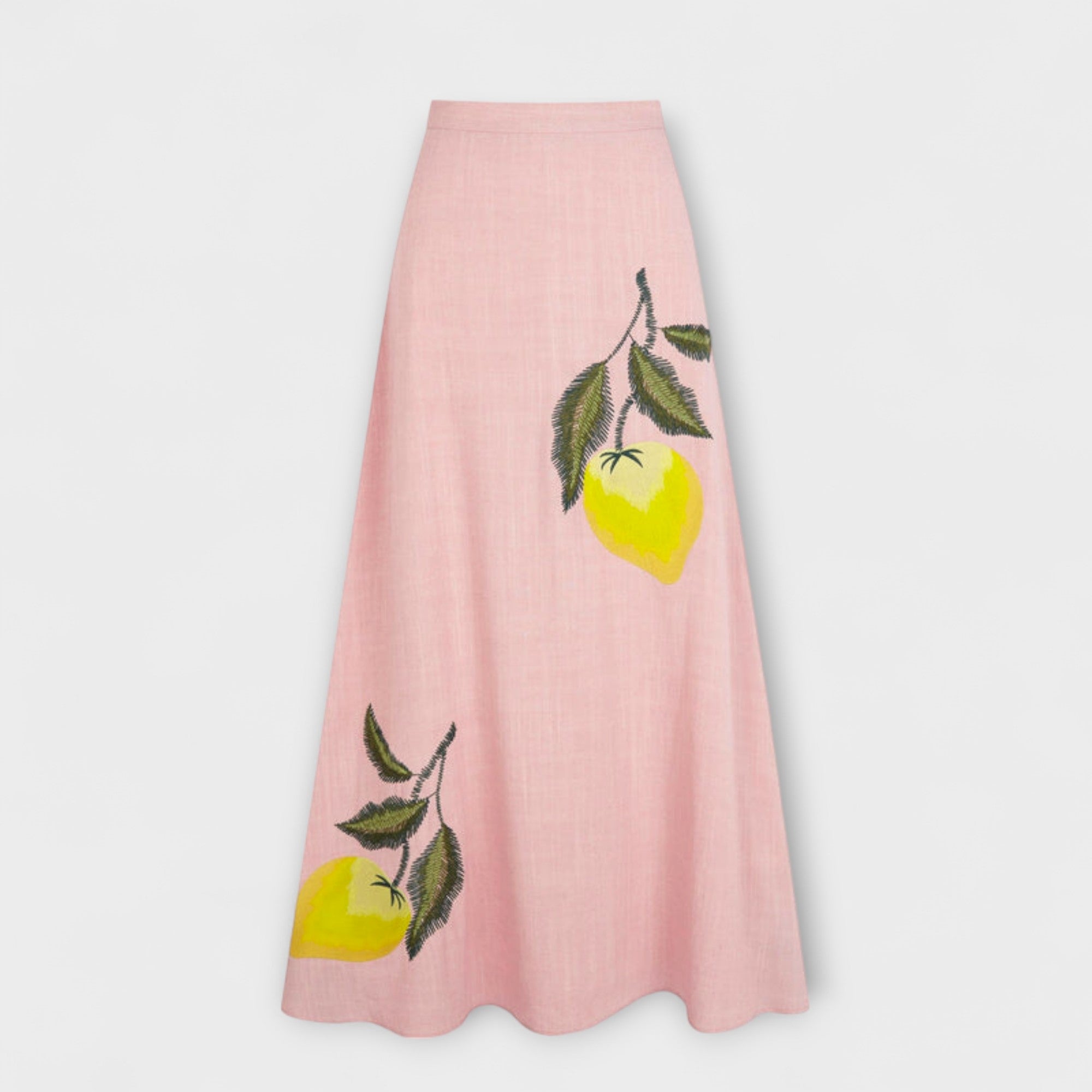 Women’s Midi Skirt, Soft Pink, Lemon Embroidered Fabric, Flowing Fit, Sleeveless, Round Neck