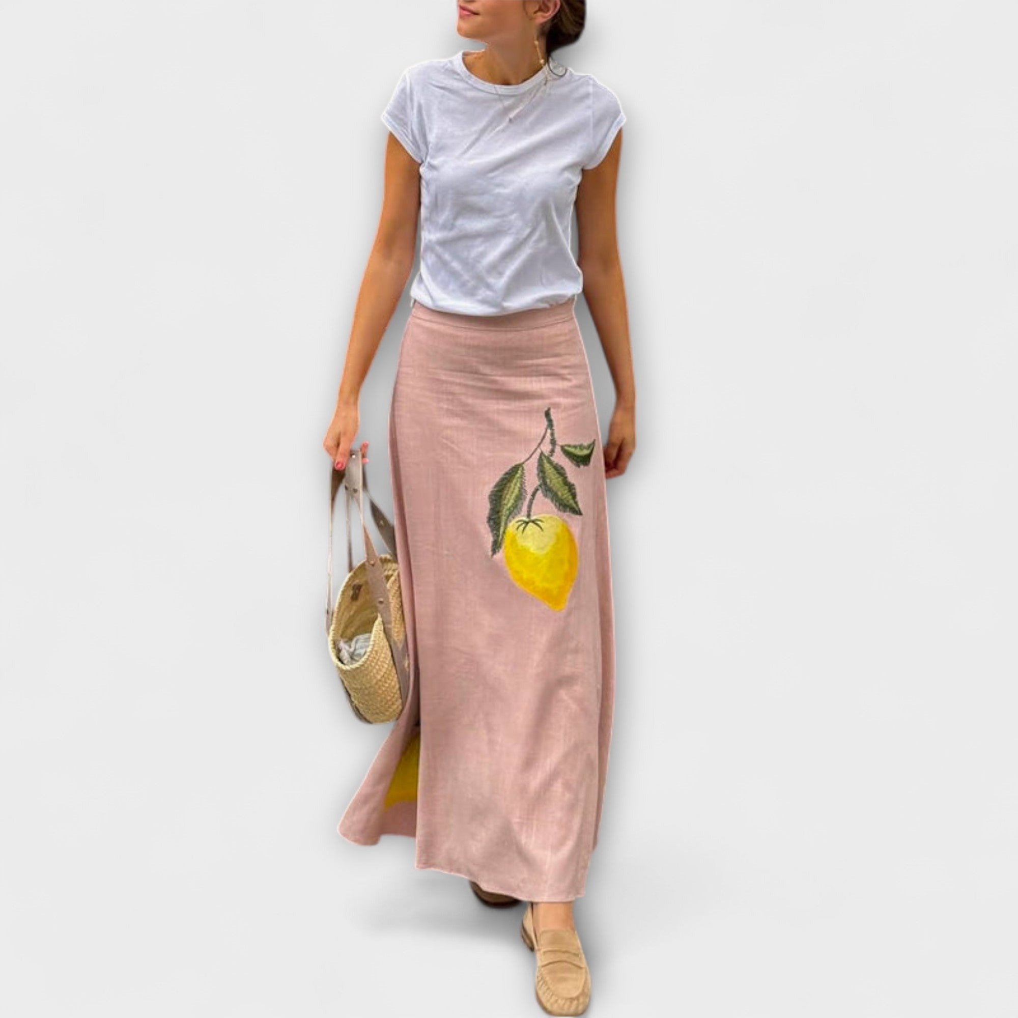 Women’s Midi Skirt, Soft Pink, Lemon Embroidered Fabric, Flowing Fit, Sleeveless, Round Neck
