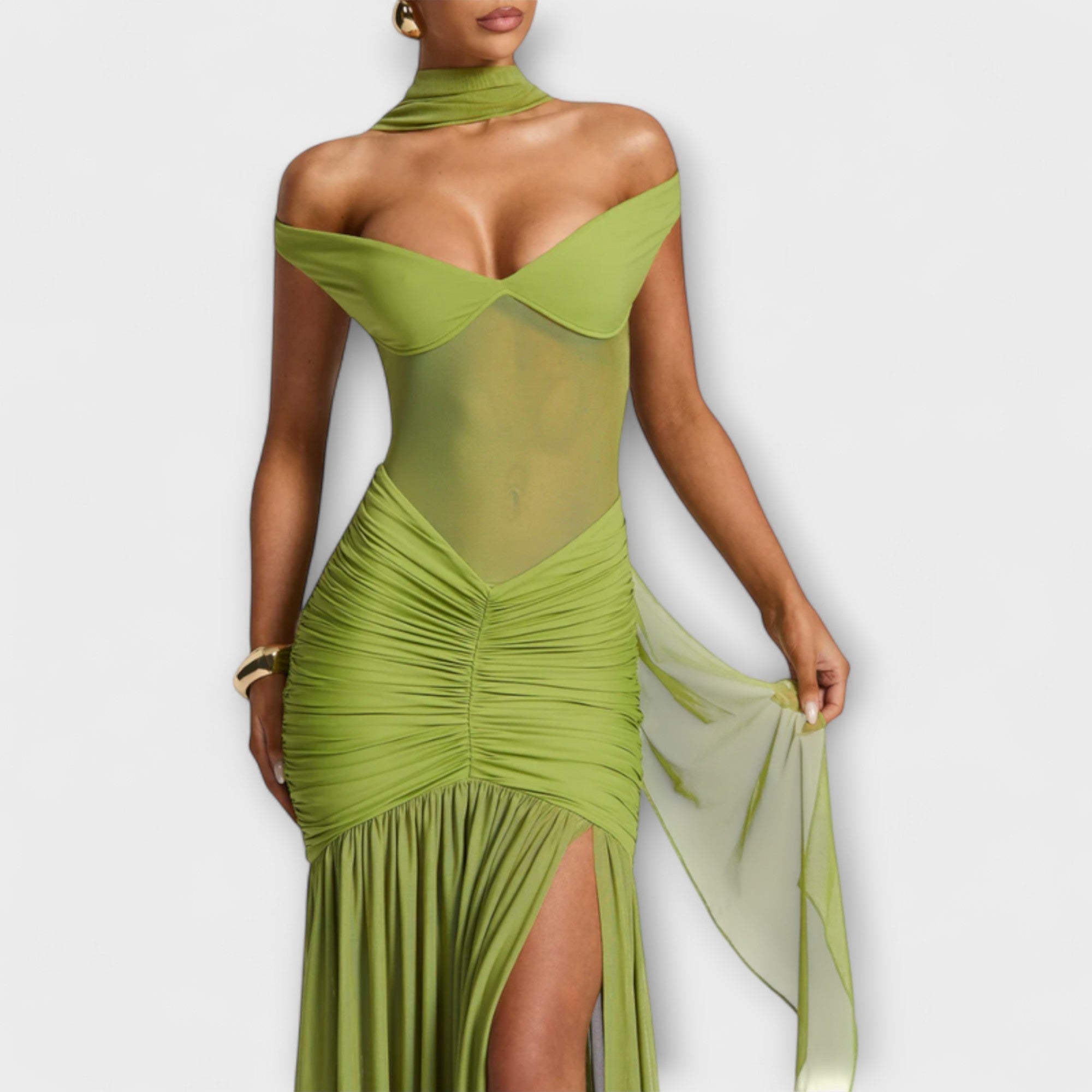 Women’s Milk Silk Sleeveless Dress, Deep V-Neckline, Ruching Fit, Deep V-Back, High Slit