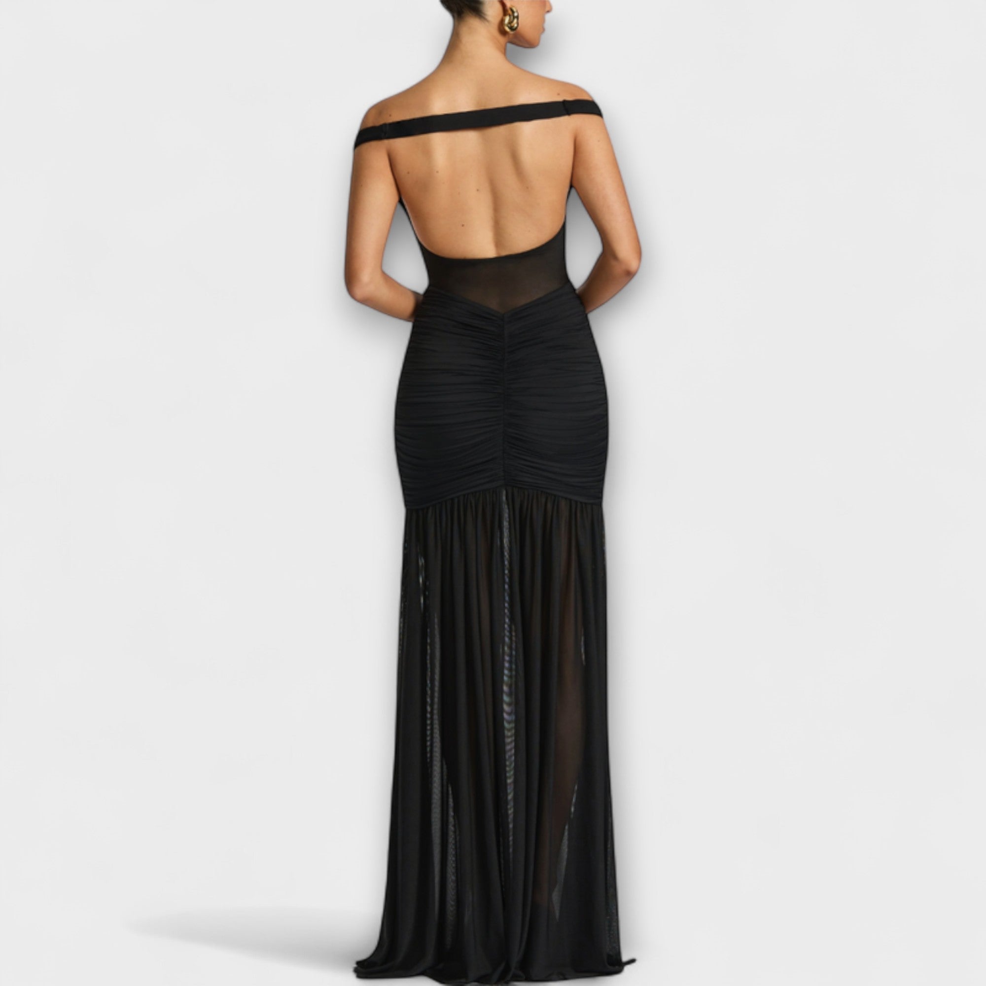 Women’s Milk Silk Sleeveless Dress, Deep V-Neckline, Ruching Fit, Deep V-Back, High Slit