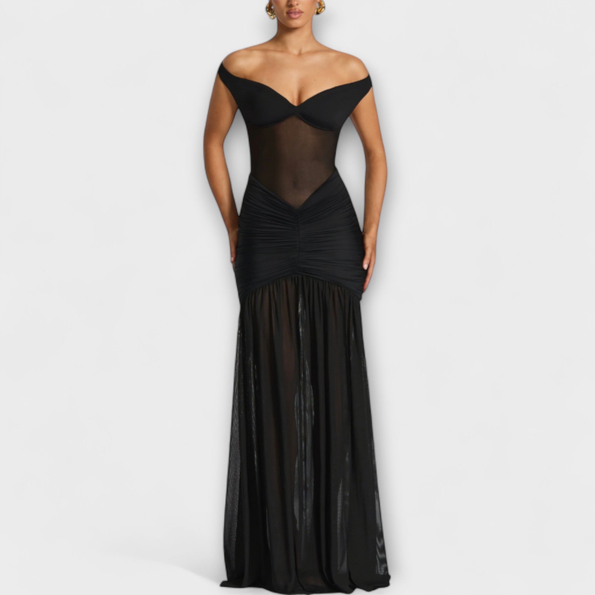 Women’s Milk Silk Sleeveless Dress, Deep V-Neckline, Ruching Fit, Deep V-Back, High Slit